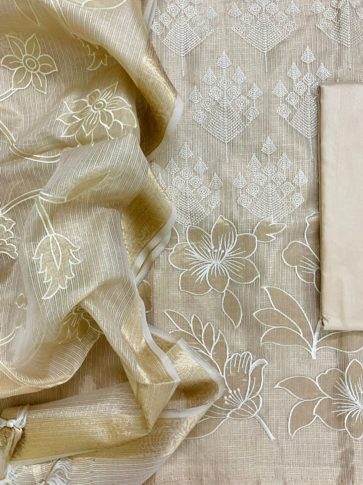 Image of Soft Tissue Kota Silk Embroidered Suit - Beige