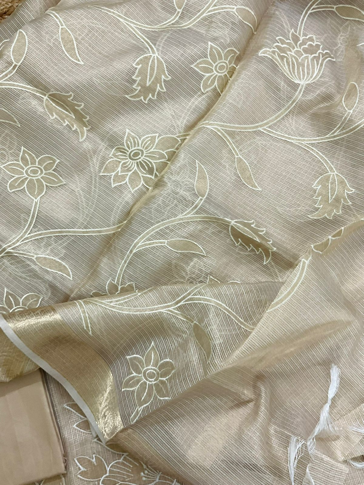 Soft Tissue Kota Silk Embroidered Suit - Beige