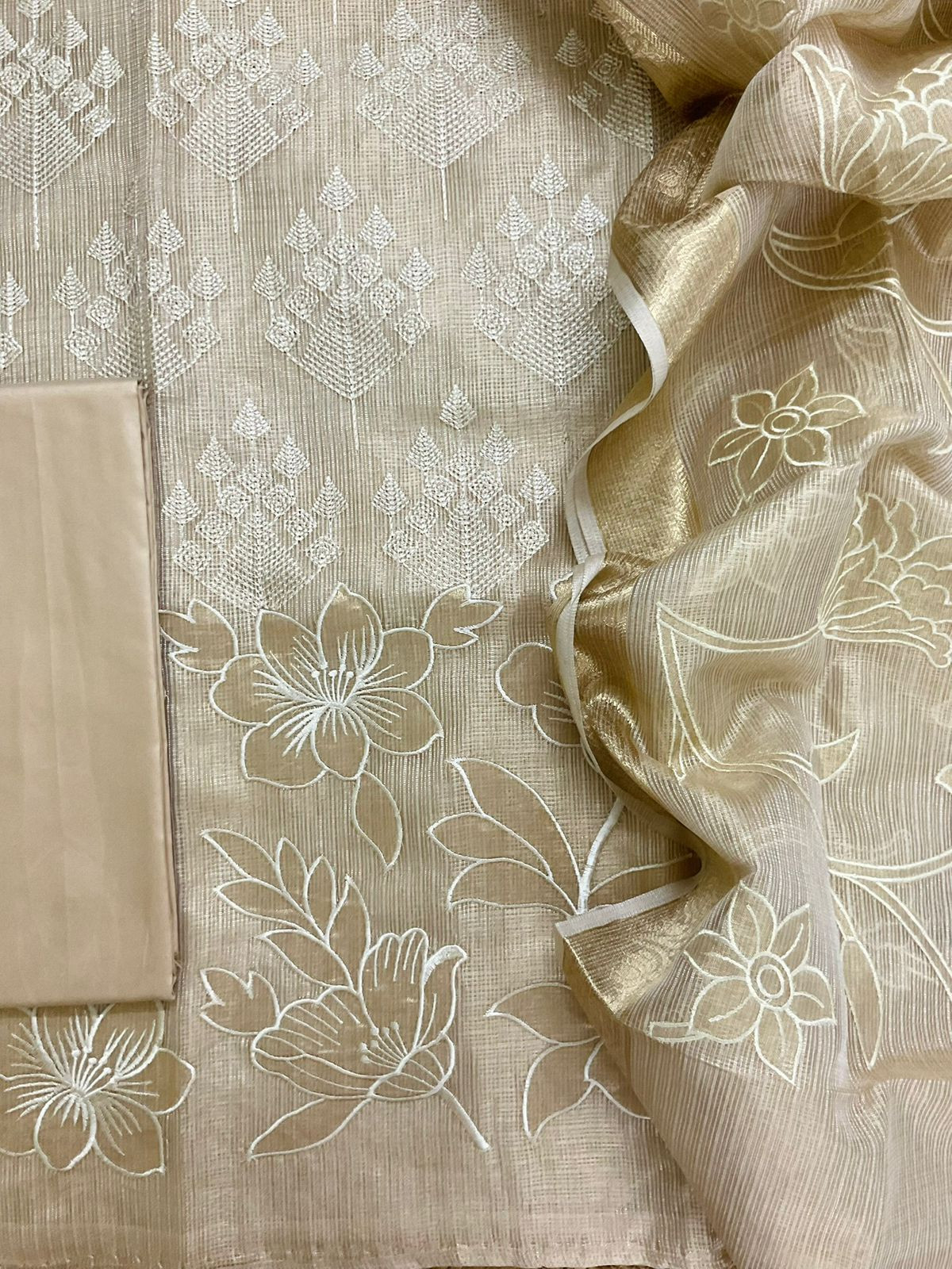 Soft Tissue Kota Silk Embroidered Suit - Beige