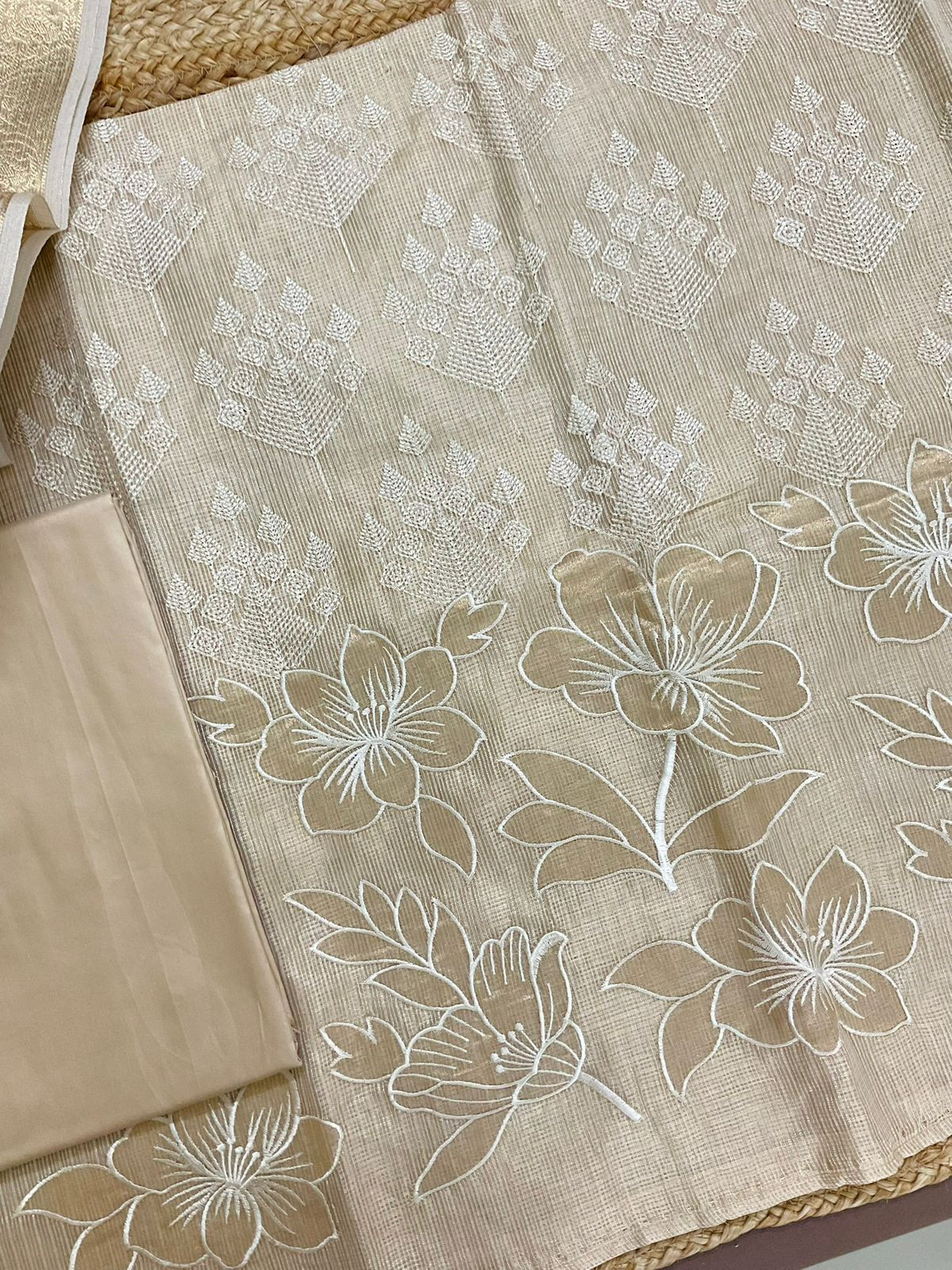 Soft Tissue Kota Silk Embroidered Suit - Beige