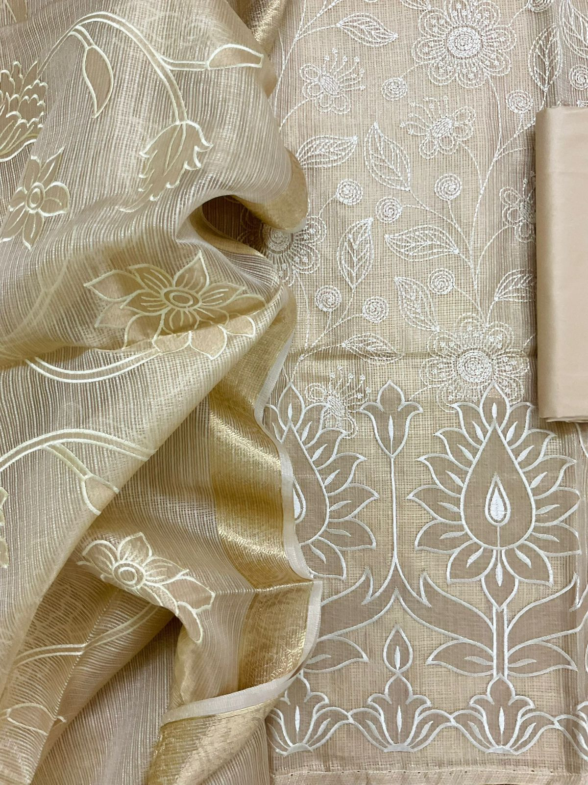 Soft Tissue Kota Silk Embroidered Suit - Beige