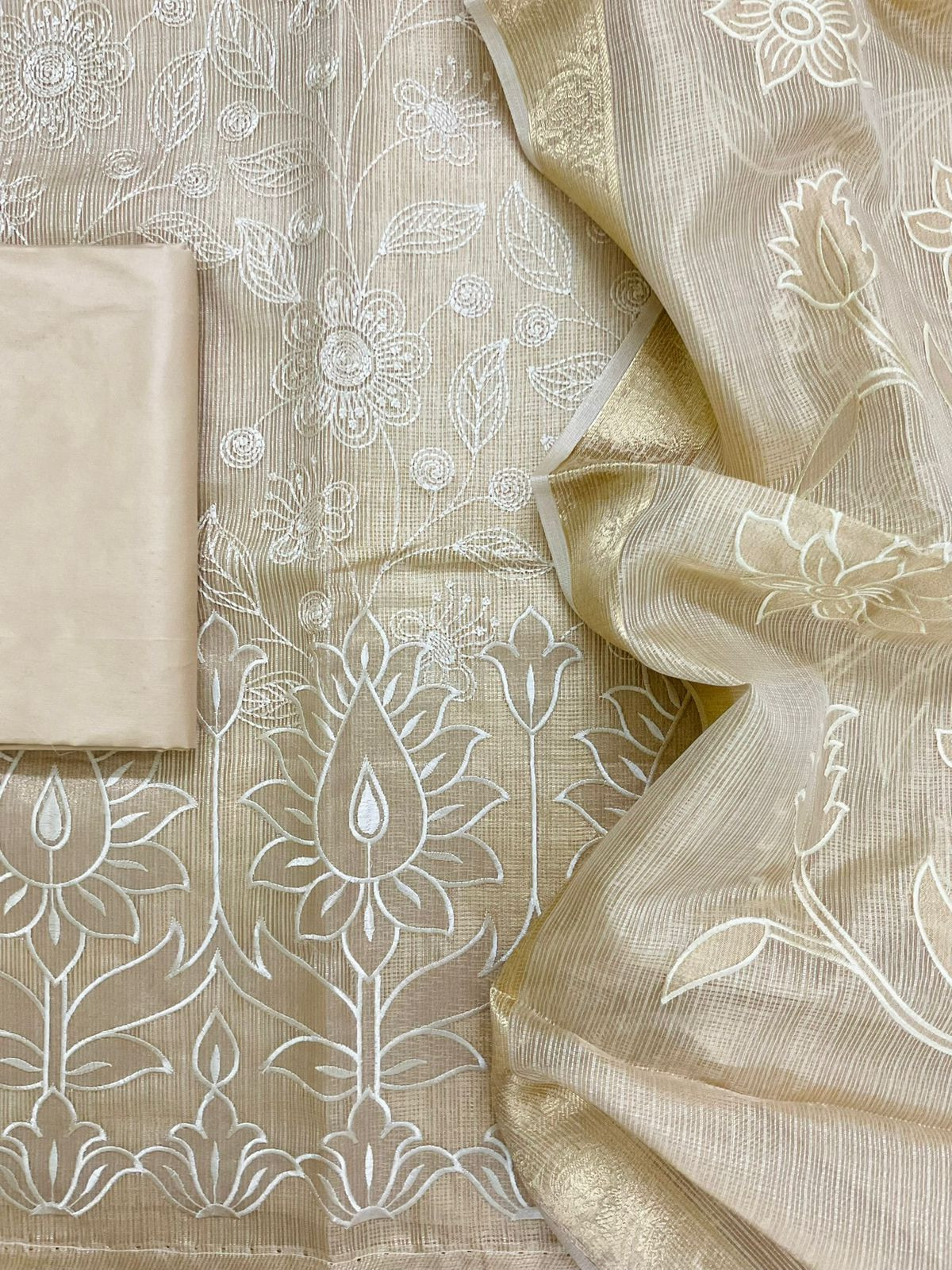 Soft Tissue Kota Silk Embroidered Suit - Beige