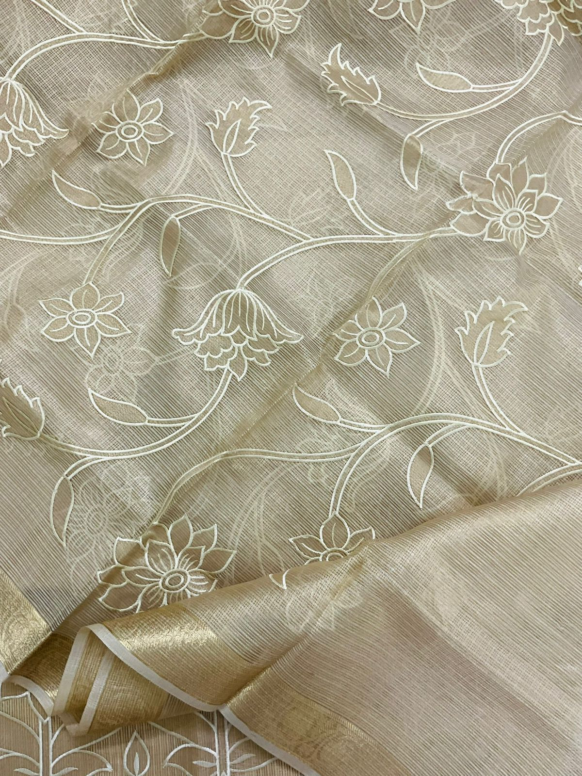 Soft Tissue Kota Silk Embroidered Suit - Beige