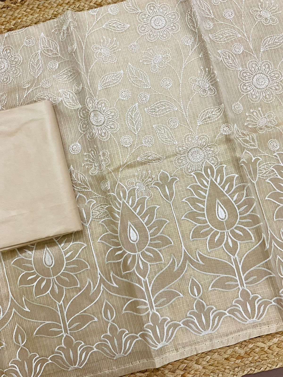 Soft Tissue Kota Silk Embroidered Suit - Beige