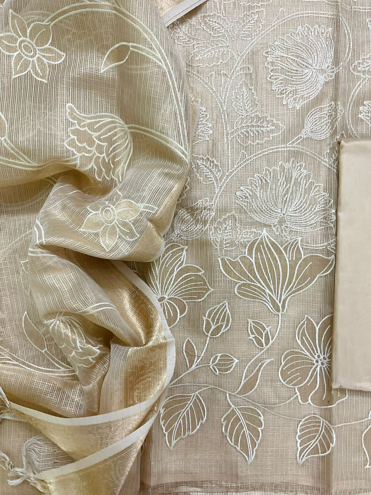 Soft Tissue Kota Silk Embroidered Suit - Beige