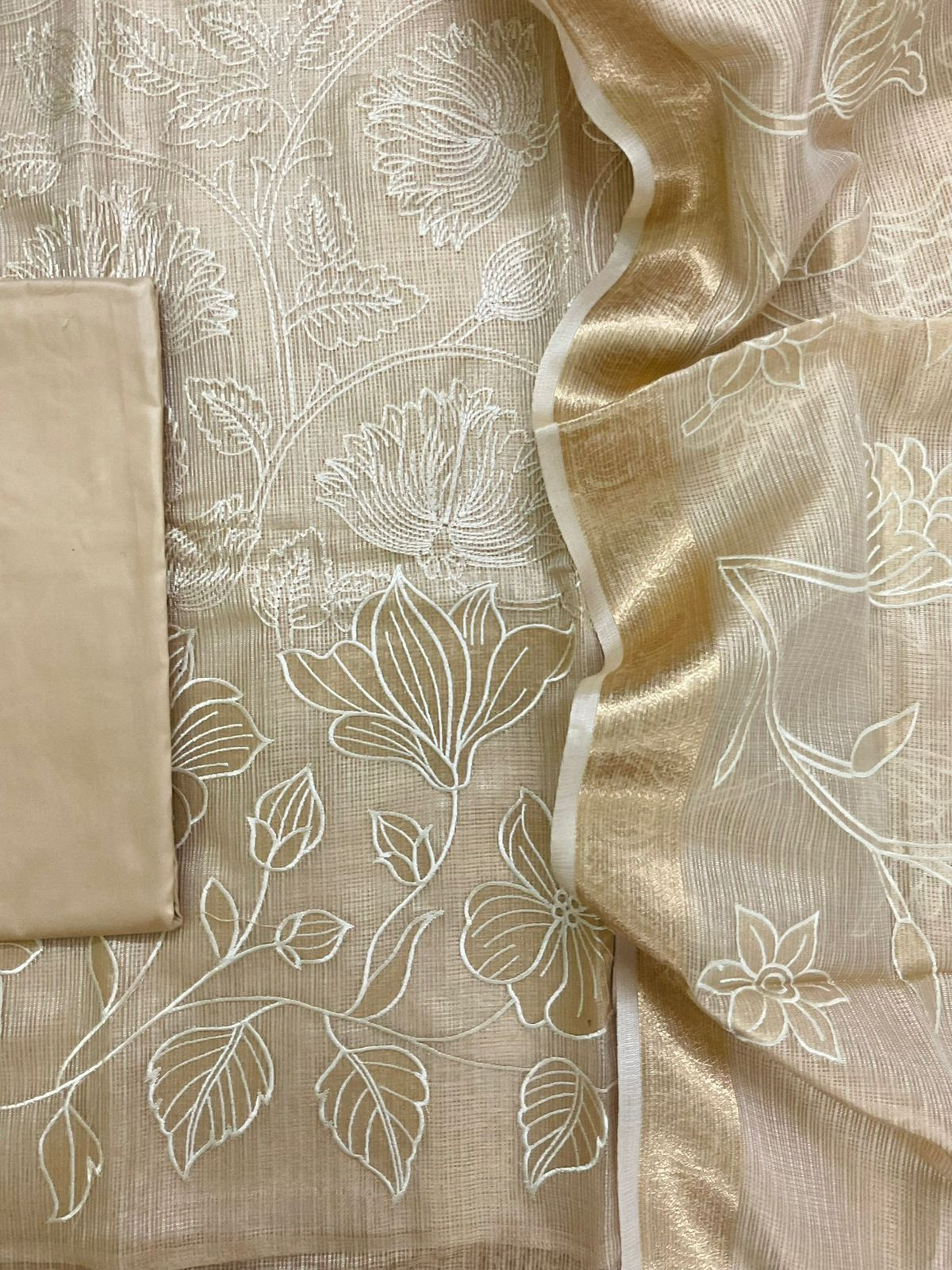 Soft Tissue Kota Silk Embroidered Suit - Beige