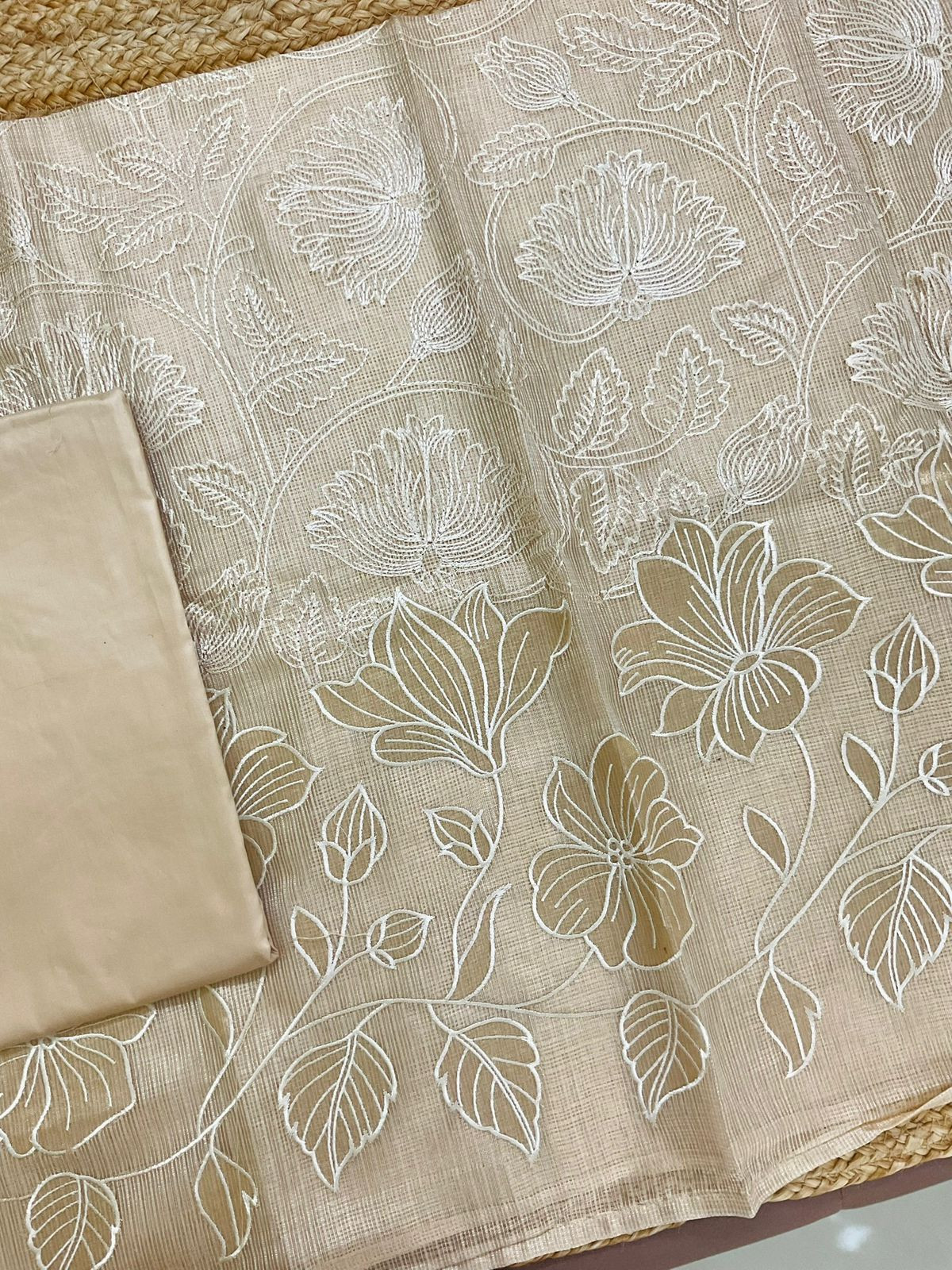 Soft Tissue Kota Silk Embroidered Suit - Beige