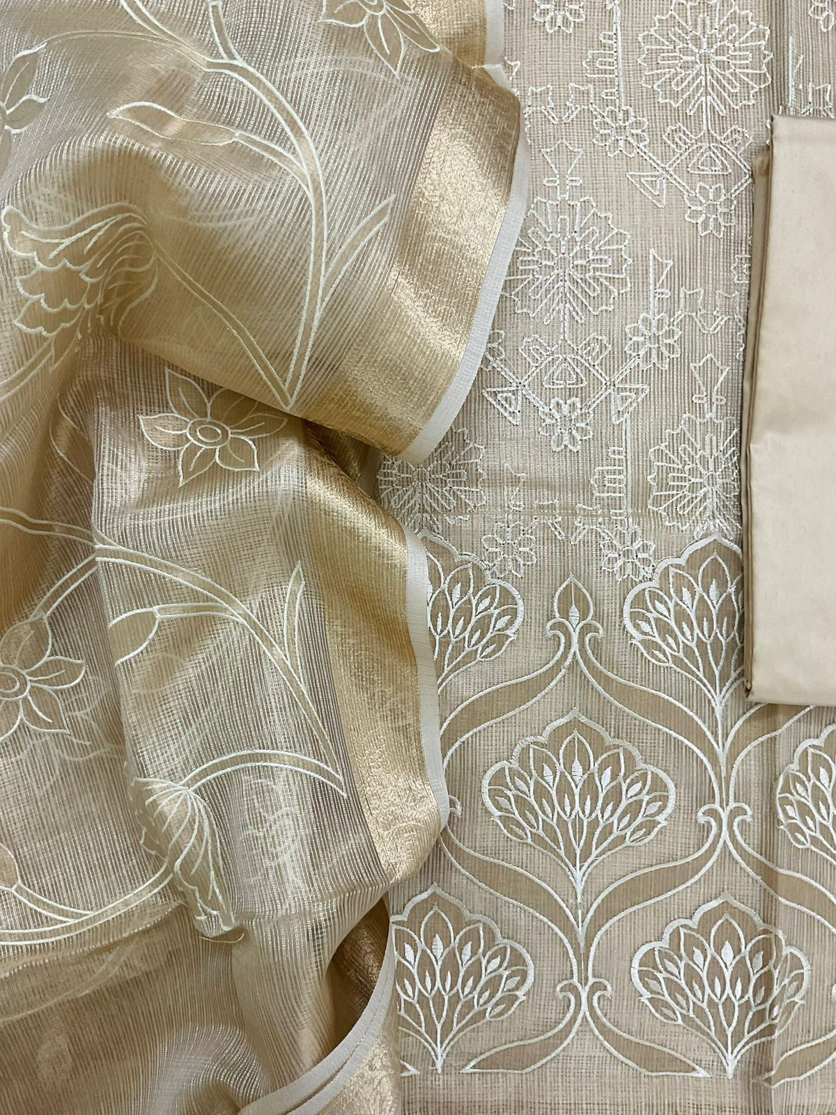 Soft Tissue Kota Silk Embroidered Suit - Beige
