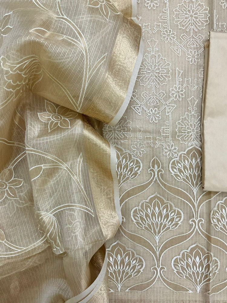 Image of Soft Tissue Kota Silk Embroidered Suit - Beige