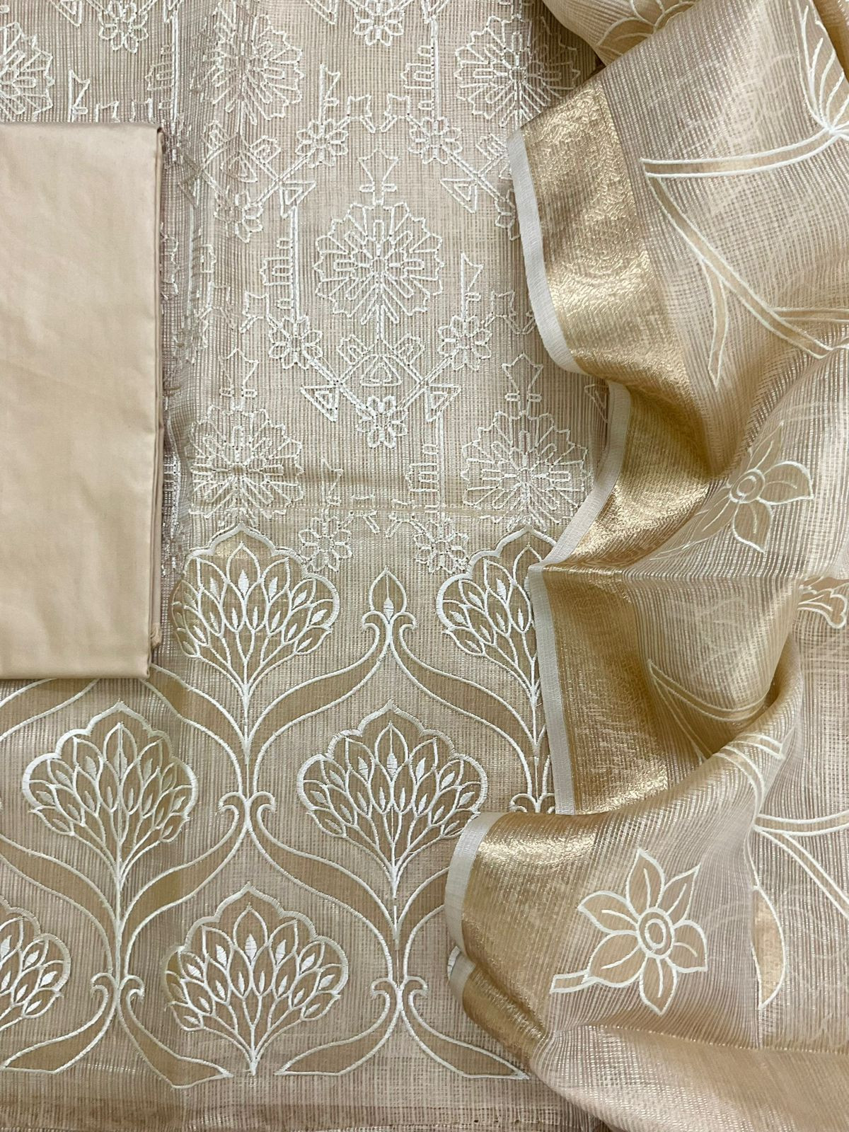Soft Tissue Kota Silk Embroidered Suit - Beige