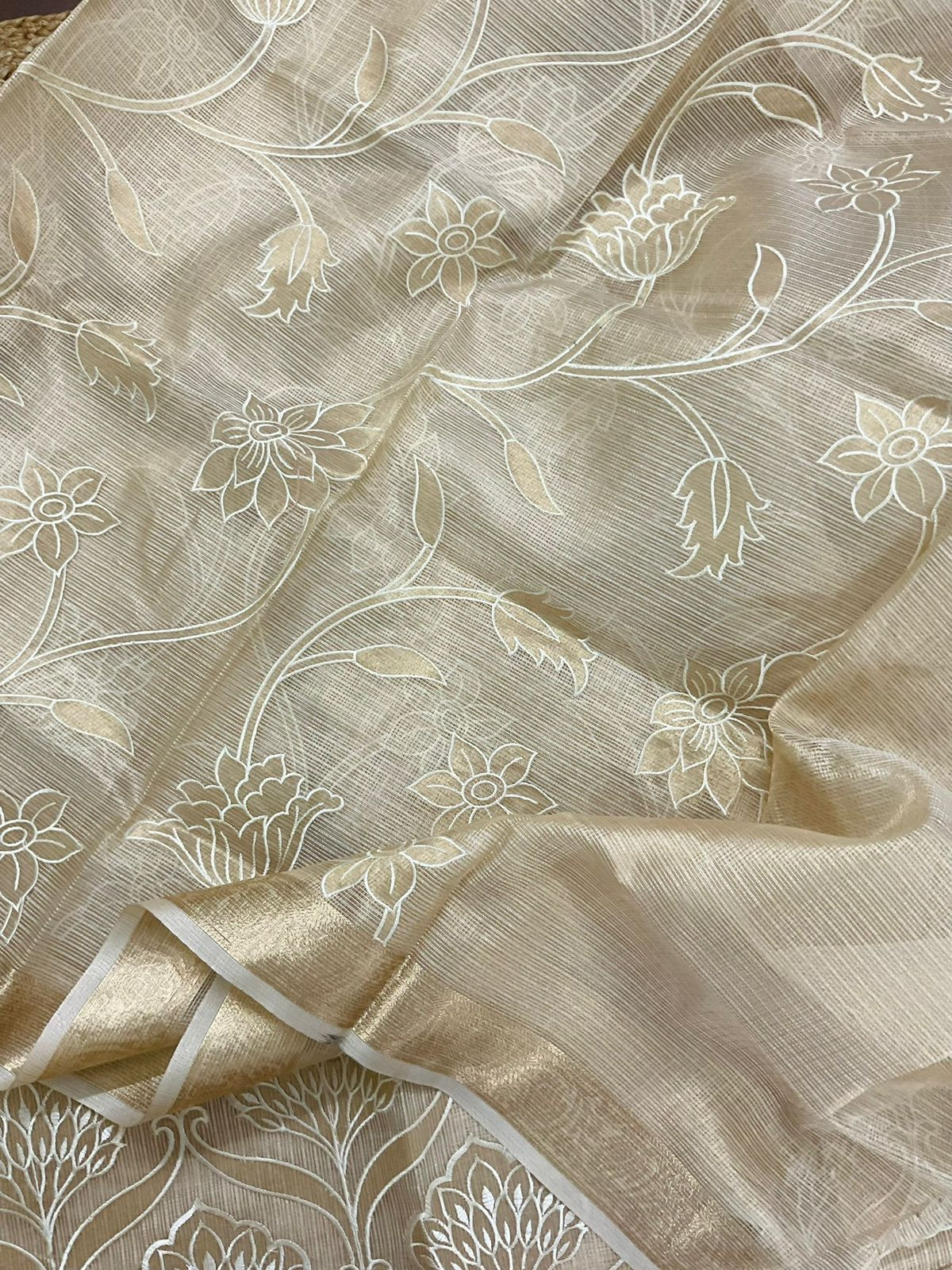 Soft Tissue Kota Silk Embroidered Suit - Beige