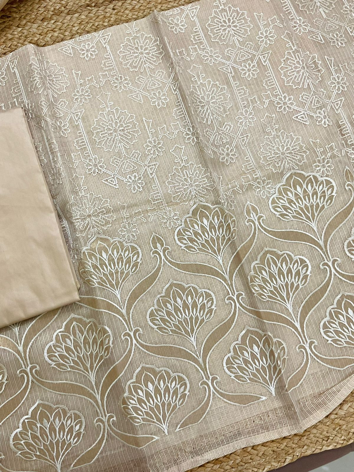 Soft Tissue Kota Silk Embroidered Suit - Beige