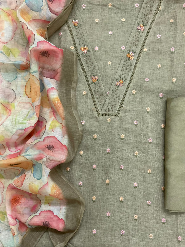 Image of Soft Linen Jute Cotton Printed Embroidered Suit - Green