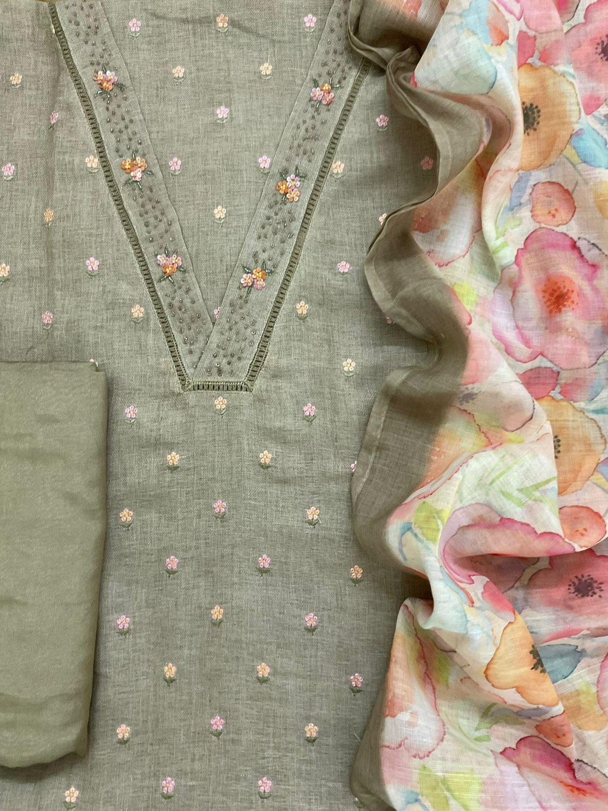 Soft Linen Jute Cotton Printed Embroidered Suit - Green