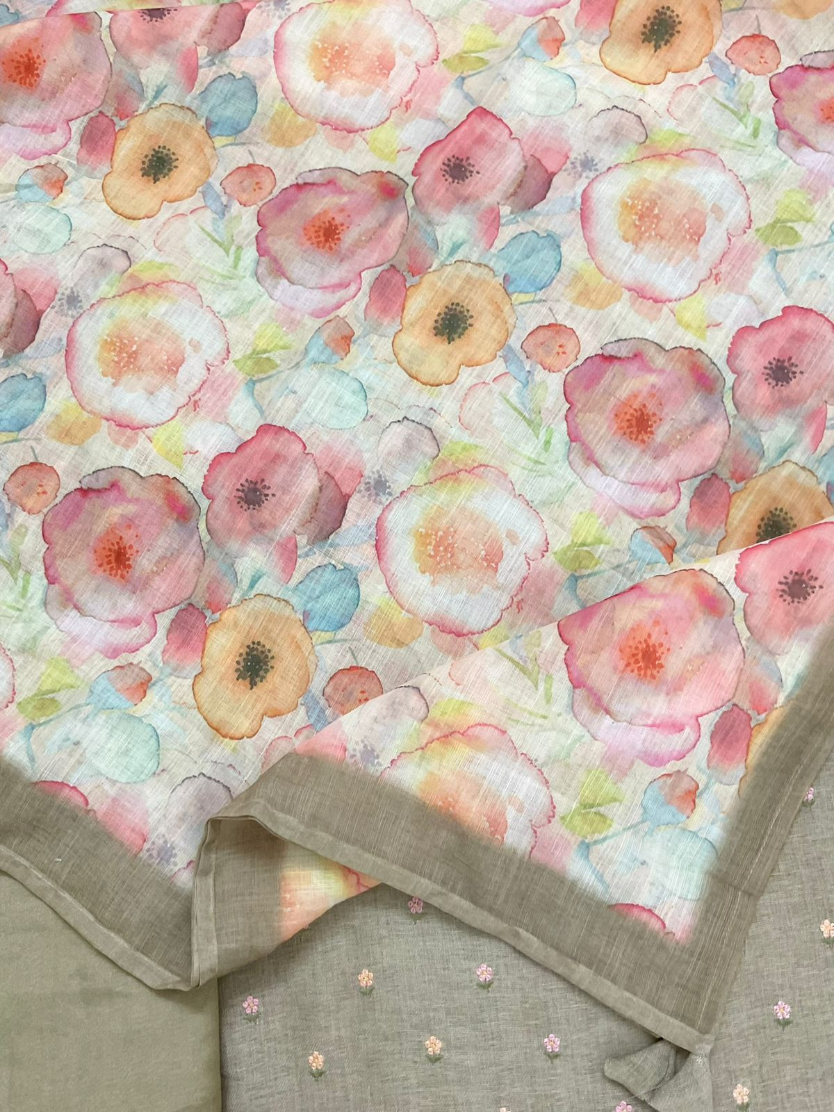 Soft Linen Jute Cotton Printed Embroidered Suit - Green