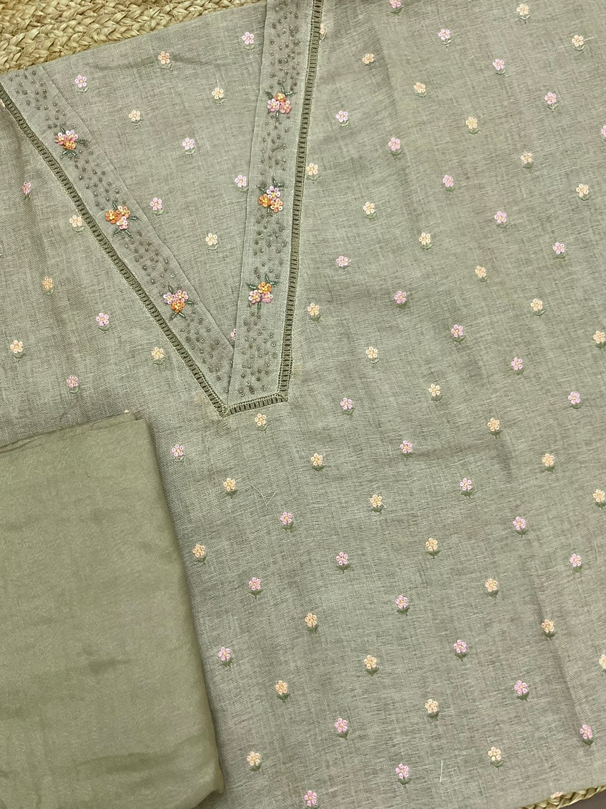 Soft Linen Jute Cotton Printed Embroidered Suit - Green