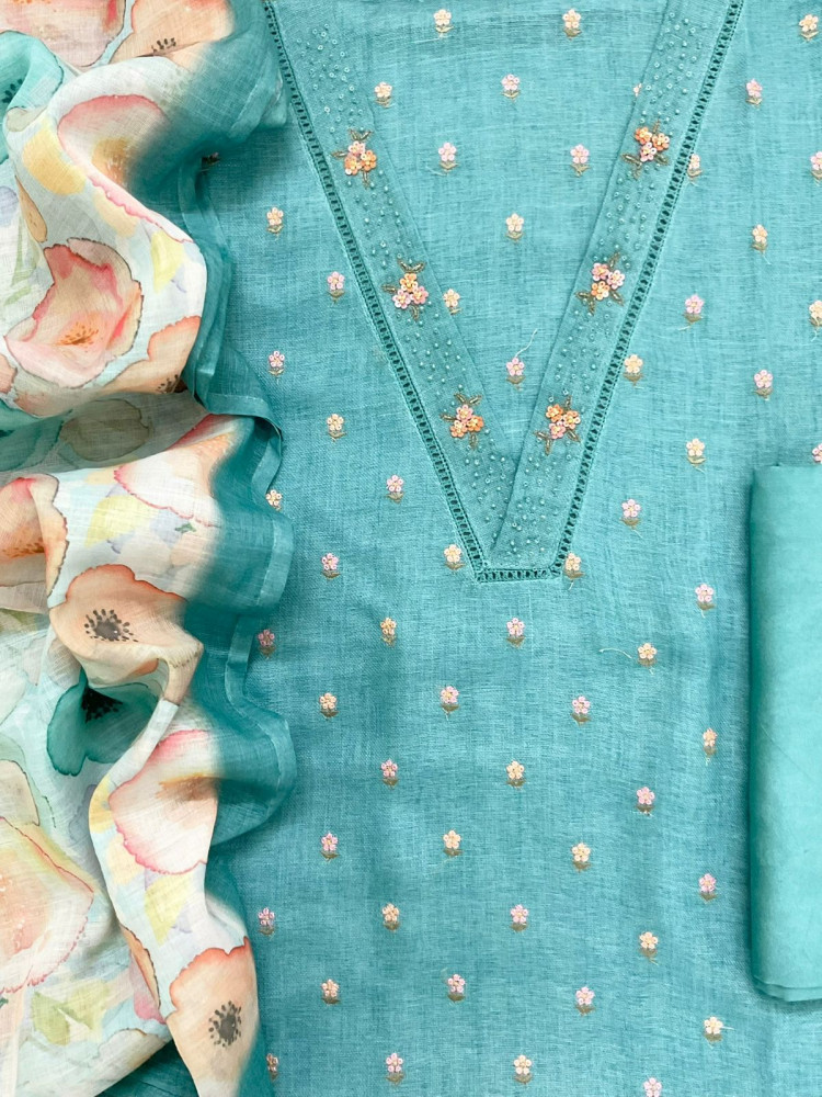 Image of Soft Linen Jute Cotton Printed Embroidered Suit - Blue
