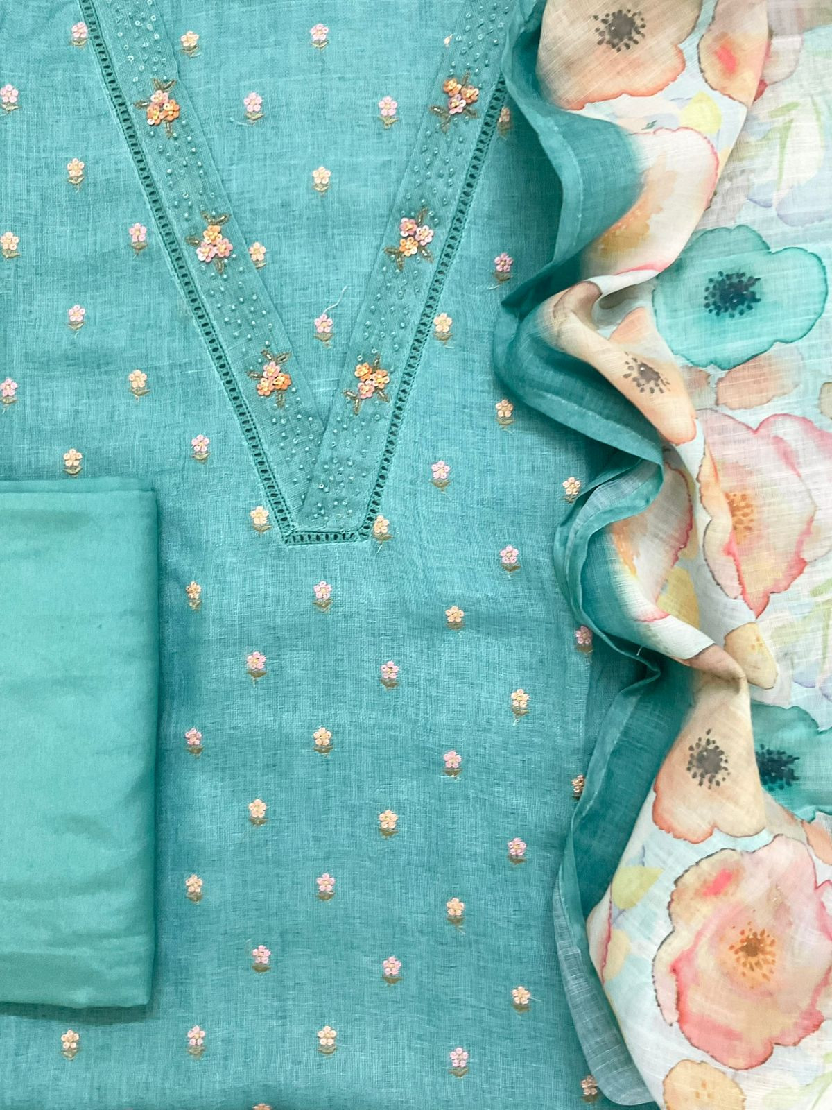 Soft Linen Jute Cotton Printed Embroidered Suit - Blue