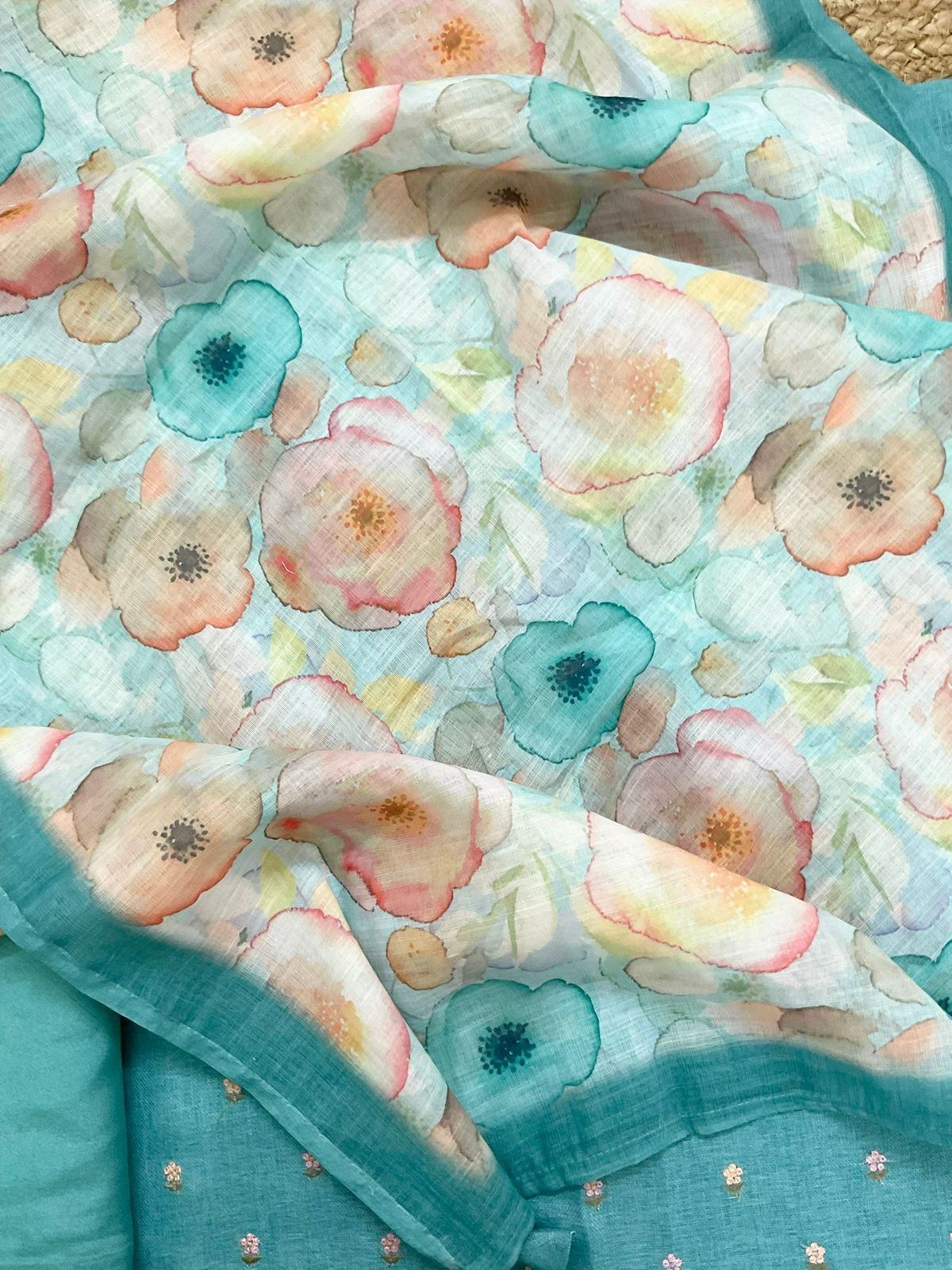 Soft Linen Jute Cotton Printed Embroidered Suit - Blue