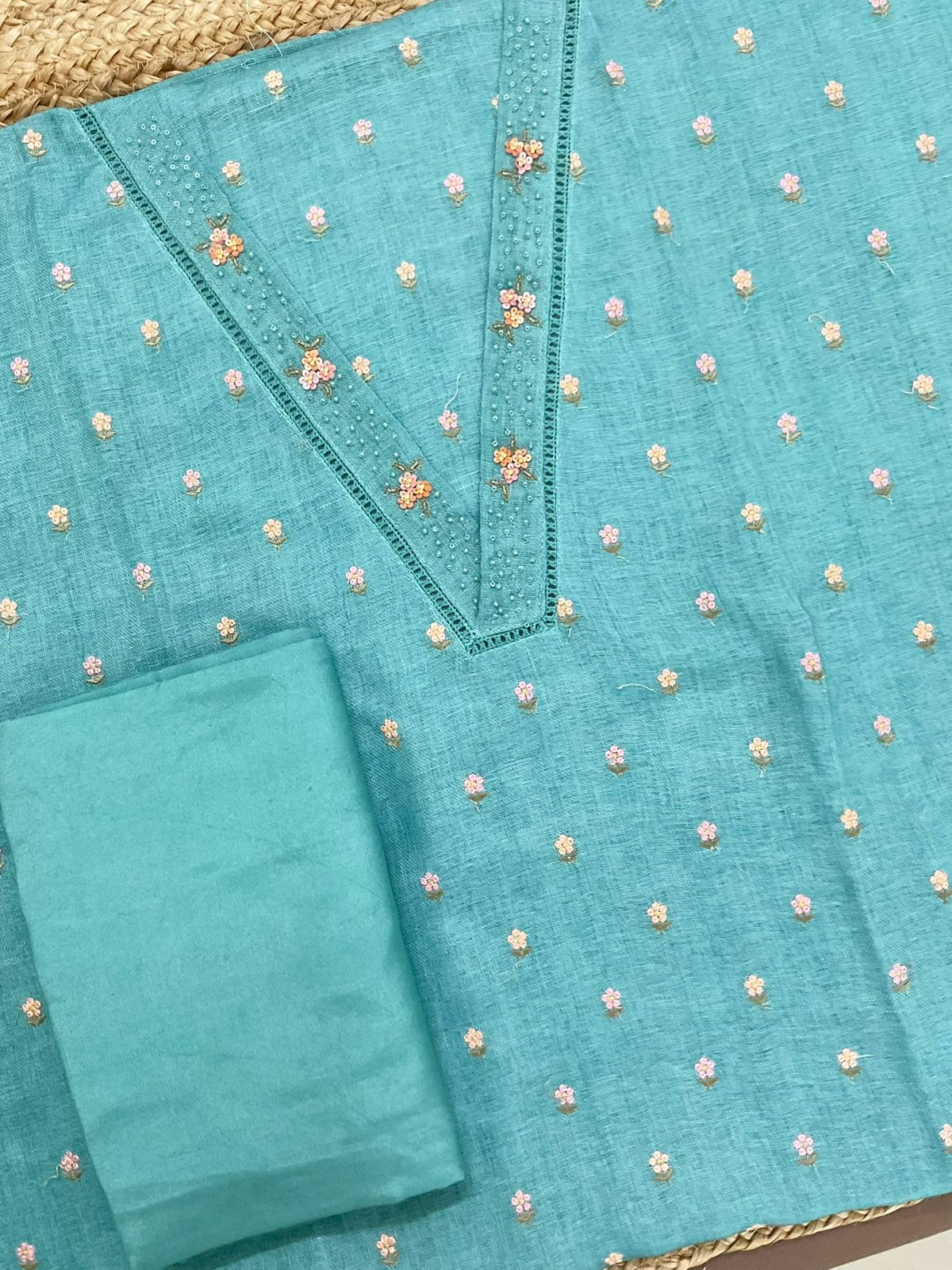 Soft Linen Jute Cotton Printed Embroidered Suit - Blue