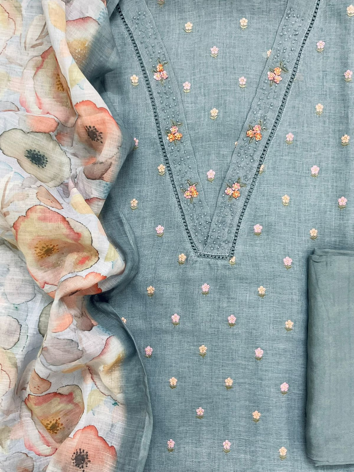 Soft Linen Jute Cotton Printed Embroidered Suit - Grey