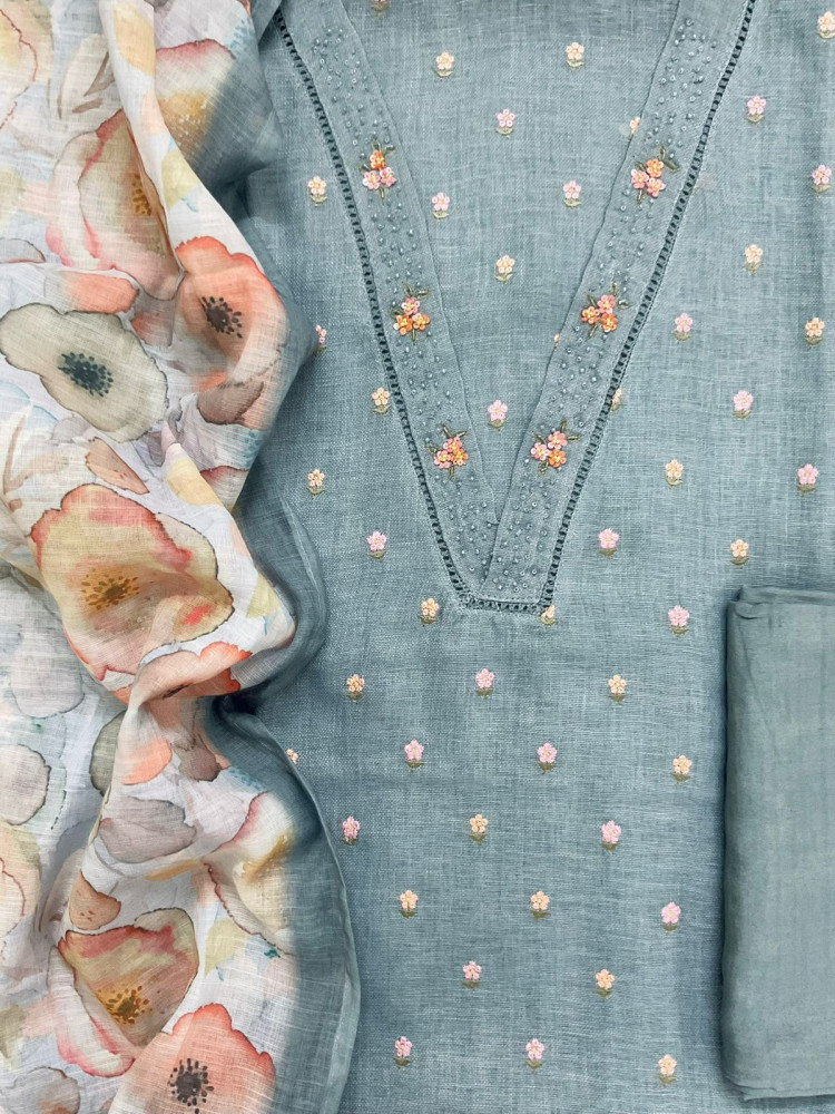 Image of Soft Linen Jute Cotton Printed Embroidered Suit - Grey