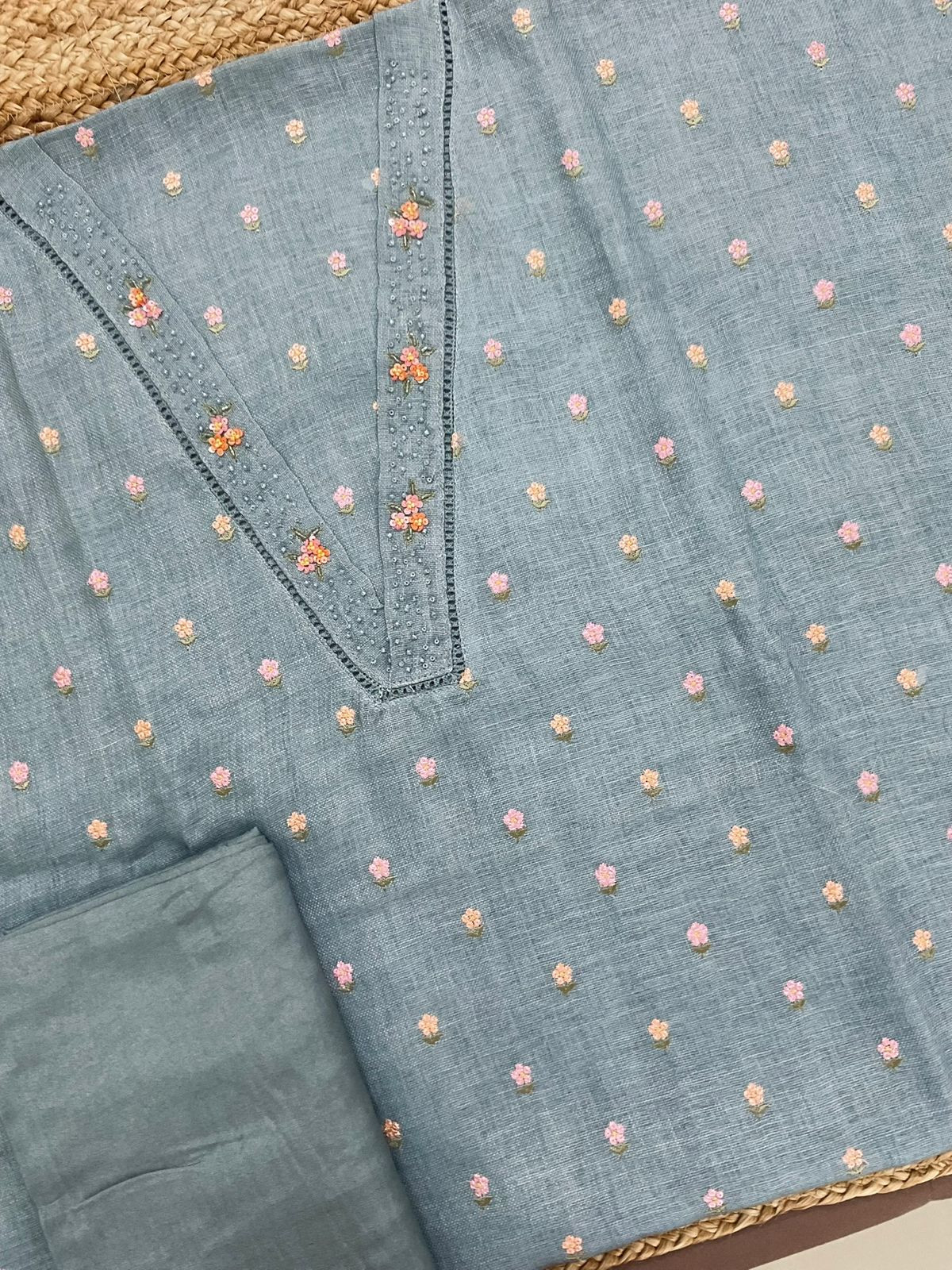 Soft Linen Jute Cotton Printed Embroidered Suit - Grey