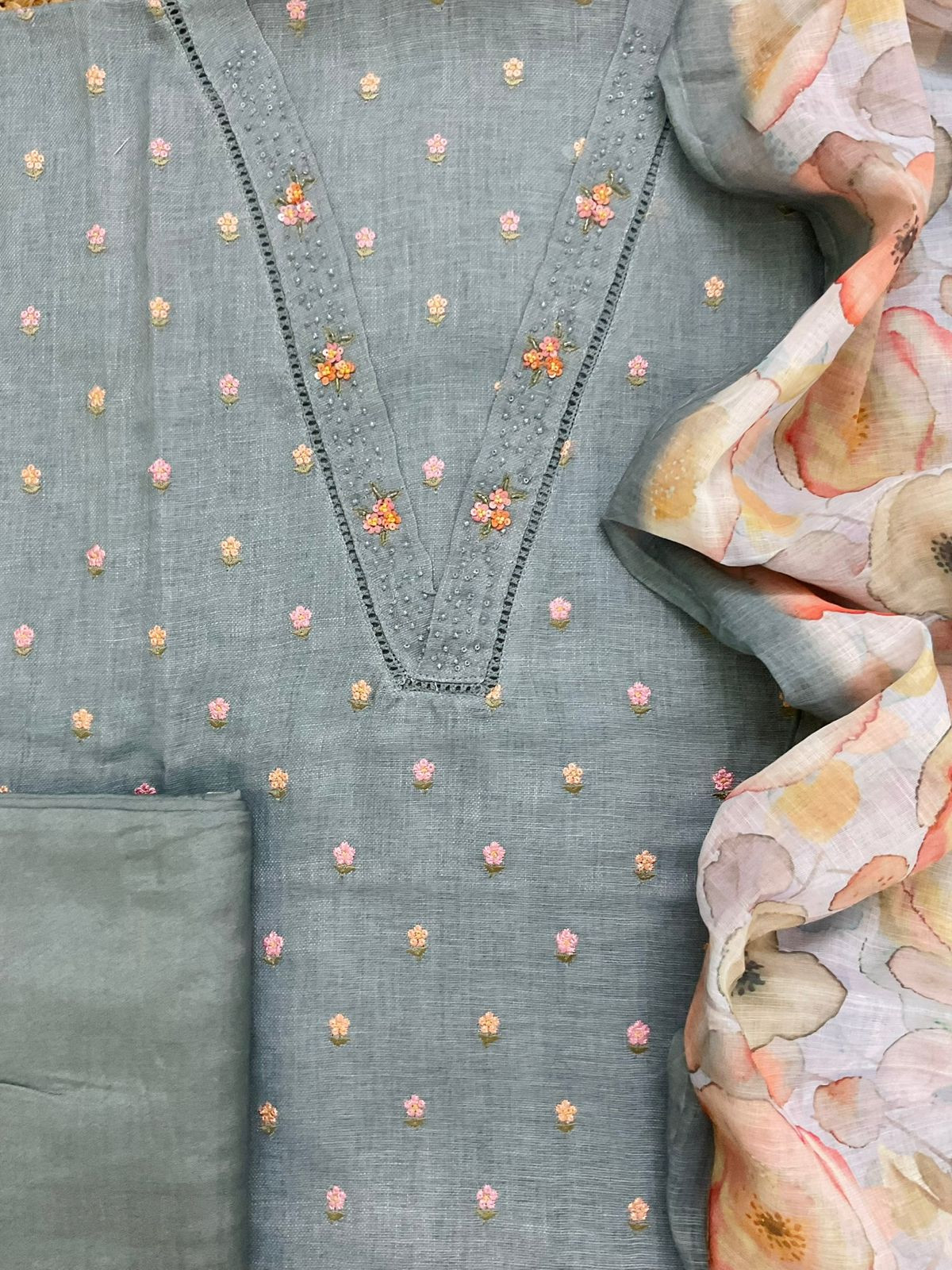 Soft Linen Jute Cotton Printed Embroidered Suit - Grey
