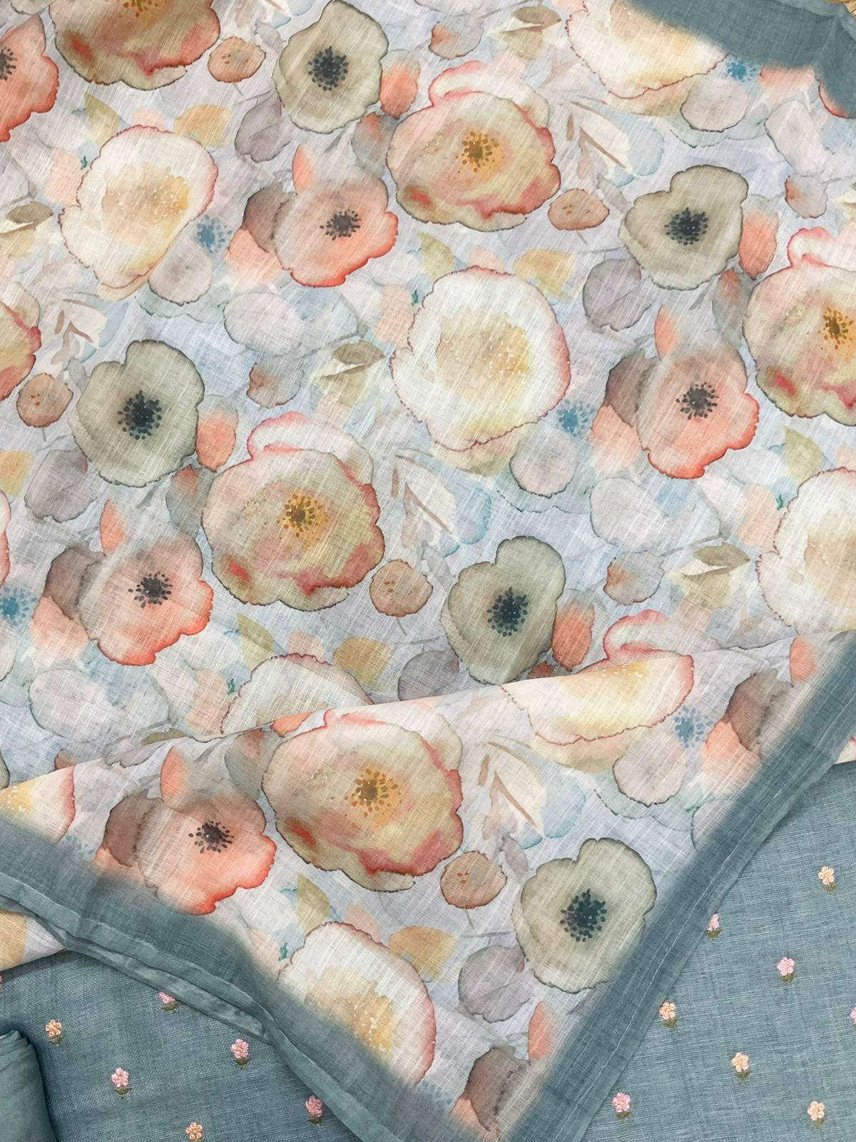 Soft Linen Jute Cotton Printed Embroidered Suit - Grey