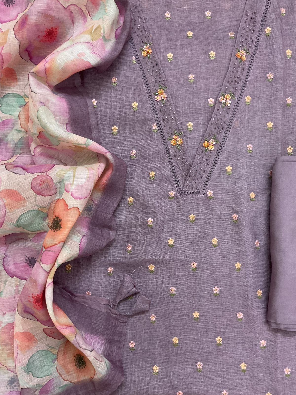 Soft Linen Jute Cotton Printed Embroidered Suit - Purple