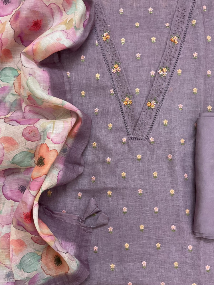 Image of Soft Linen Jute Cotton Printed Embroidered Suit - Purple