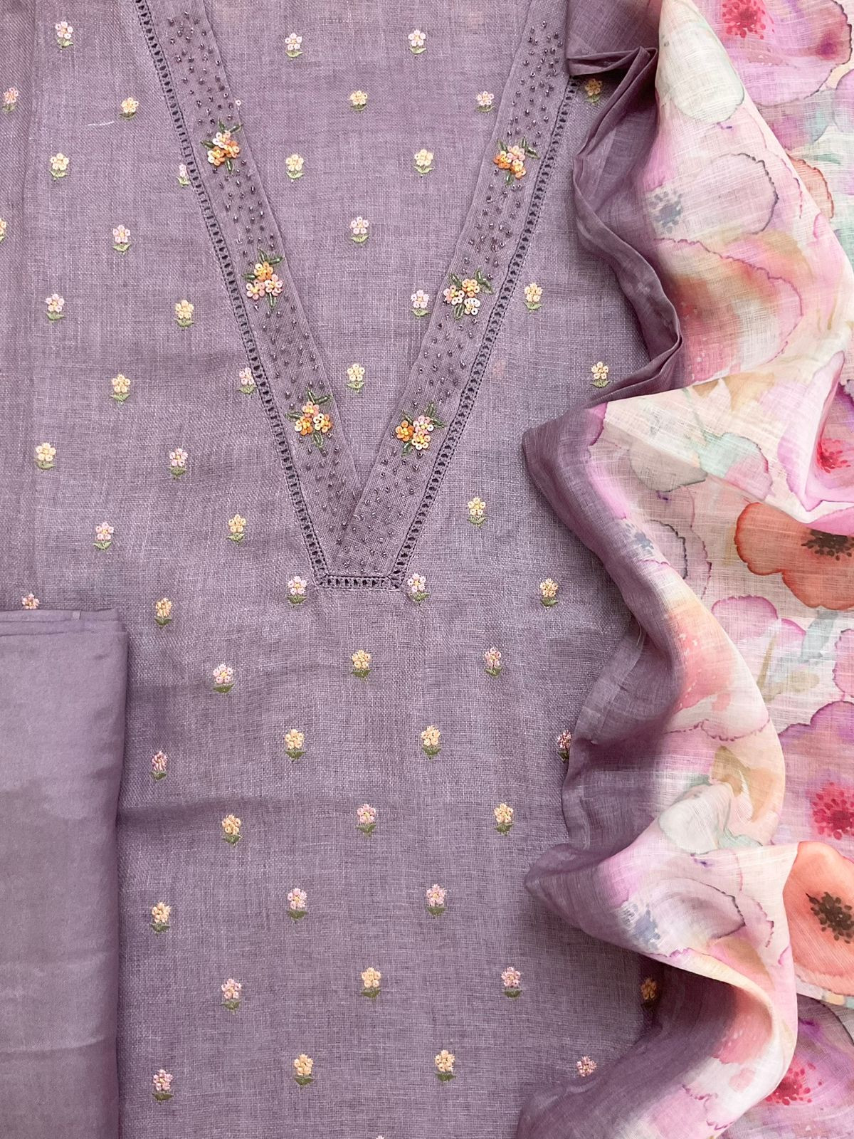 Soft Linen Jute Cotton Printed Embroidered Suit - Purple