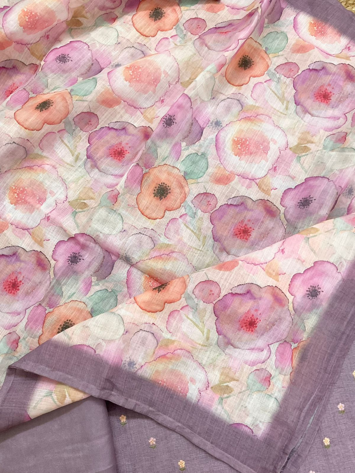 Soft Linen Jute Cotton Printed Embroidered Suit - Purple