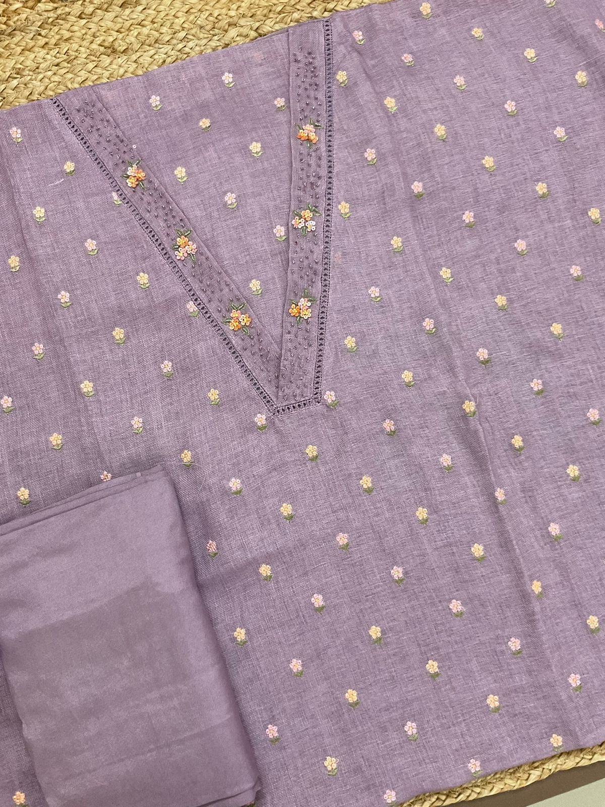 Soft Linen Jute Cotton Printed Embroidered Suit - Purple