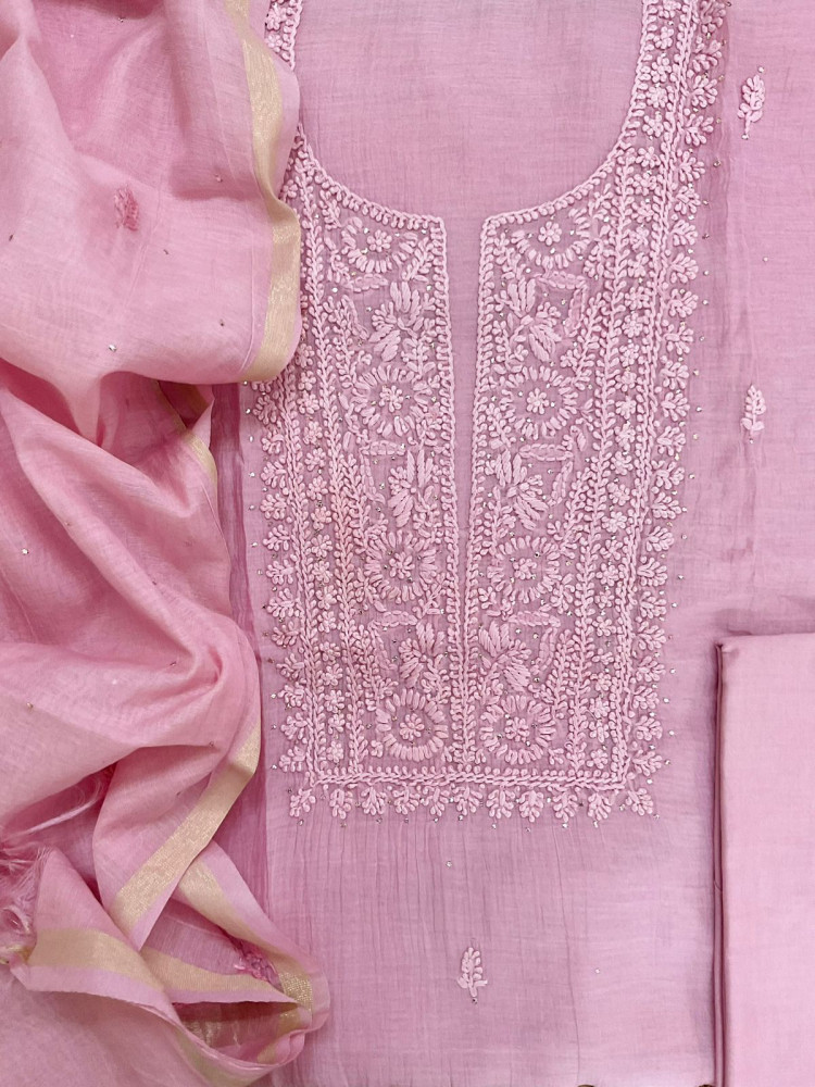 Image of Pure Mul Chanderi Embroidered Suit - Pink