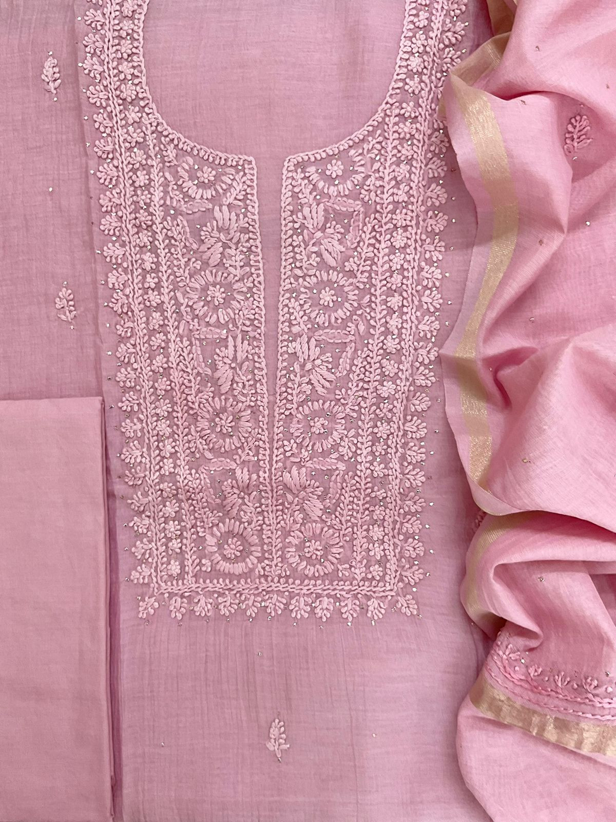 Pure Mul Chanderi Embroidered Suit - Pink