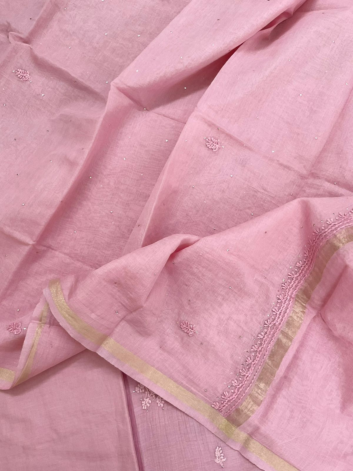 Pure Mul Chanderi Embroidered Suit - Pink