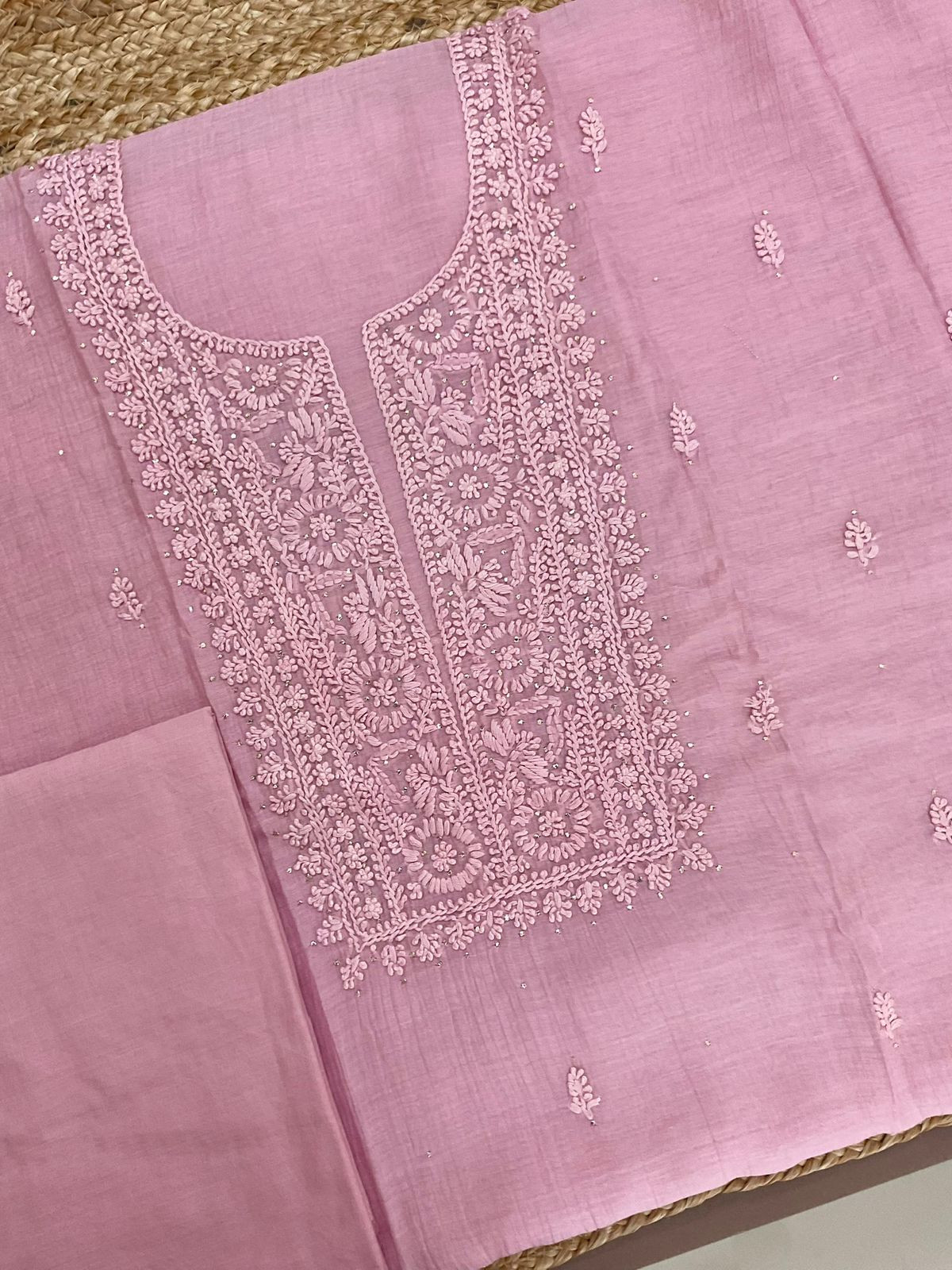 Pure Mul Chanderi Embroidered Suit - Pink
