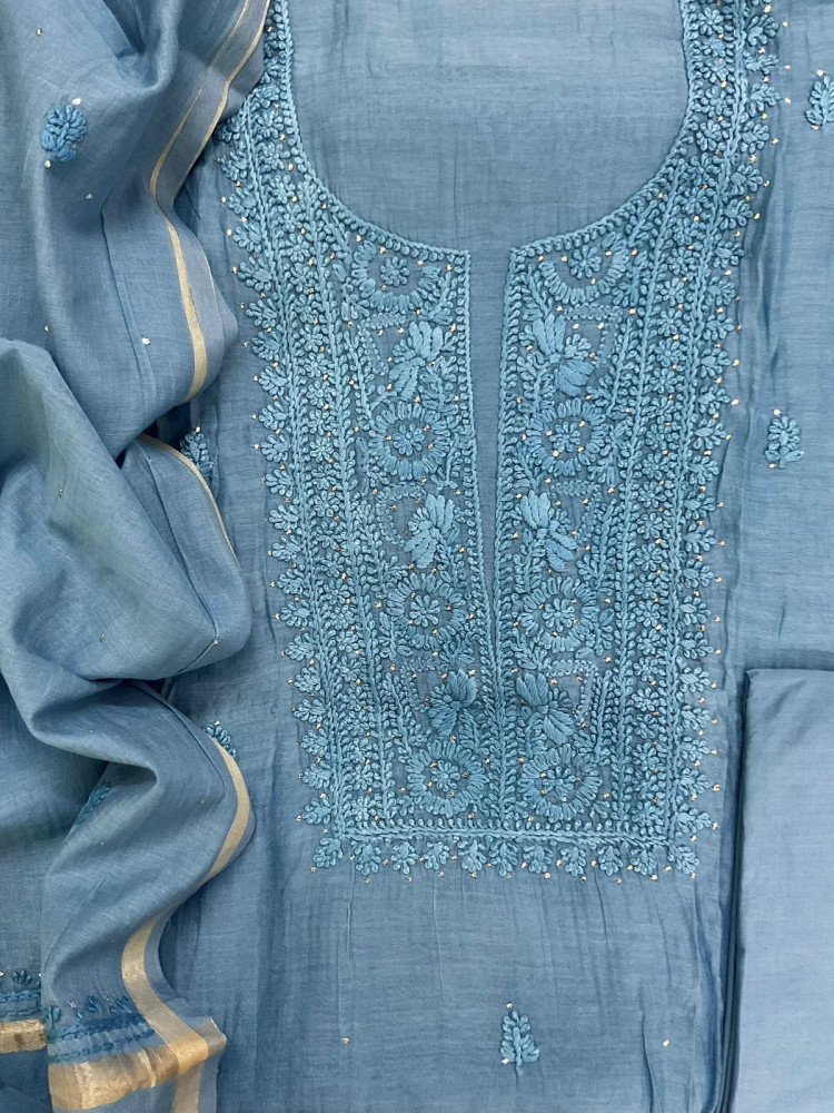 Image of Pure Mul Chanderi Embroidered Suit - Blue