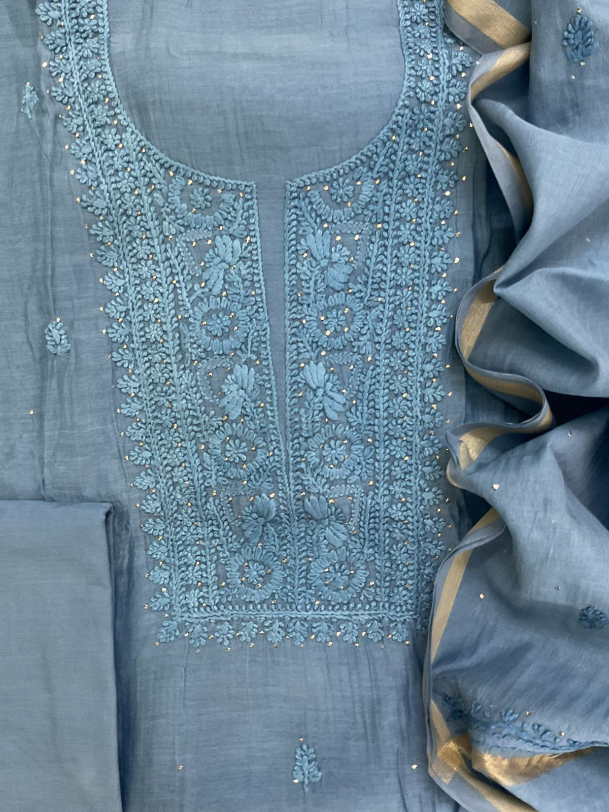 Pure Mul Chanderi Embroidered Suit - Blue