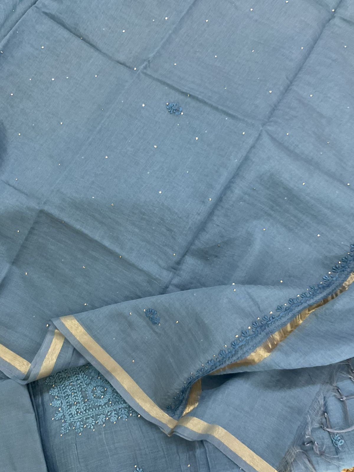 Pure Mul Chanderi Embroidered Suit - Blue