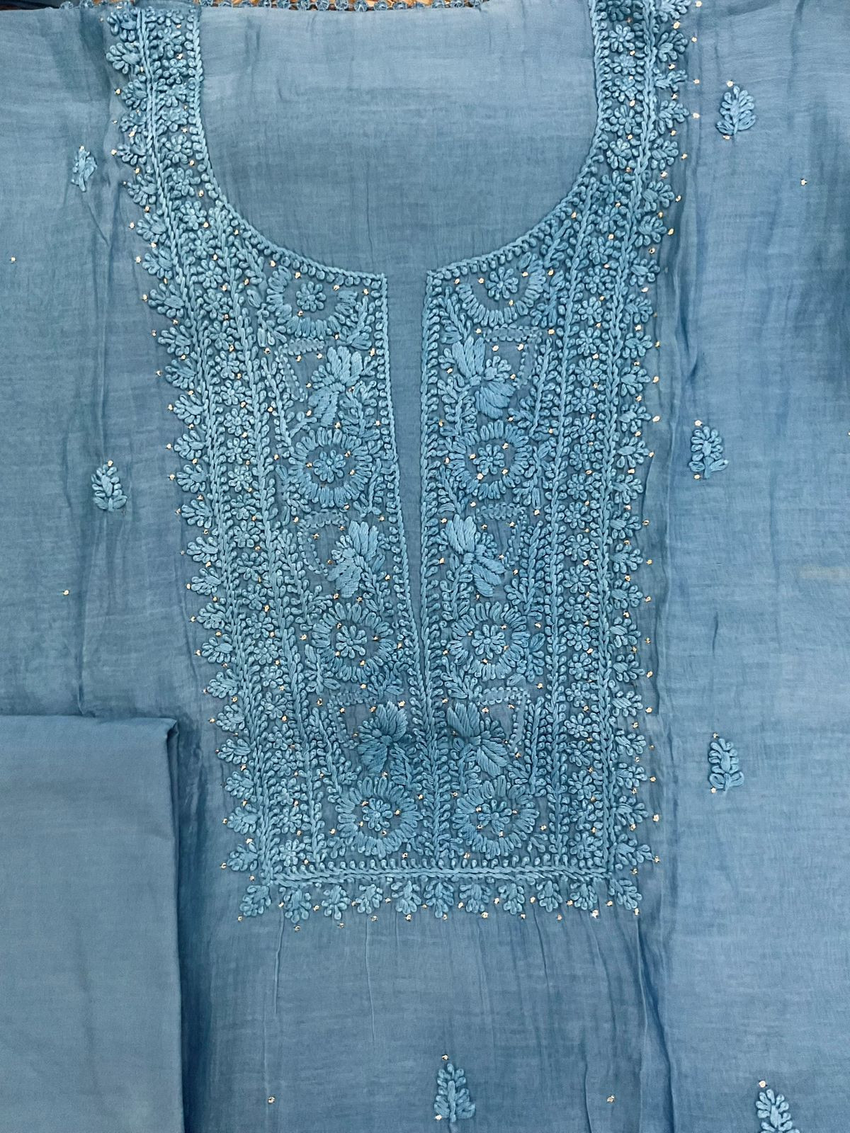 Pure Mul Chanderi Embroidered Suit - Blue