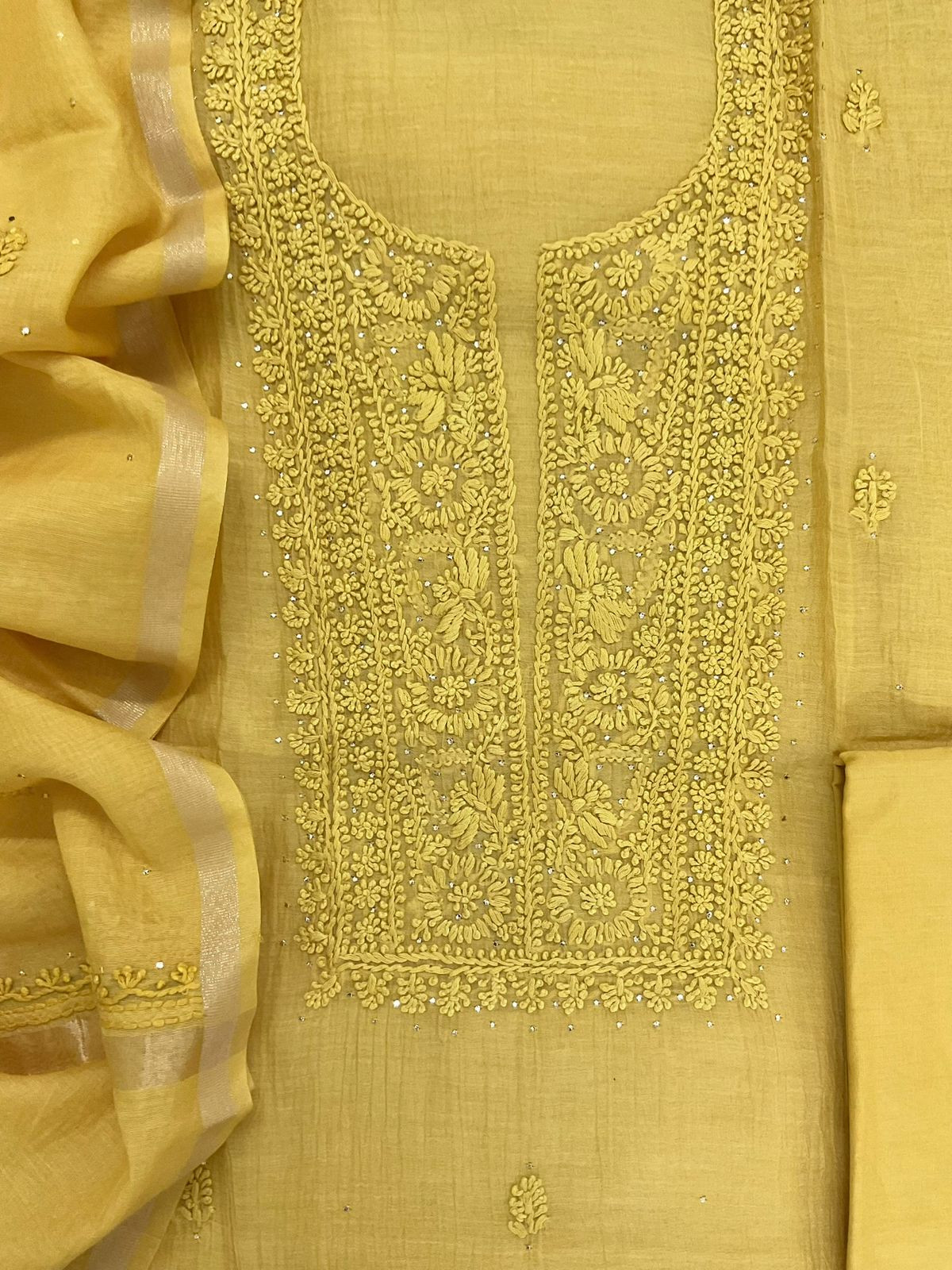 Pure Mul Chanderi Embroidered Suit - Yellow