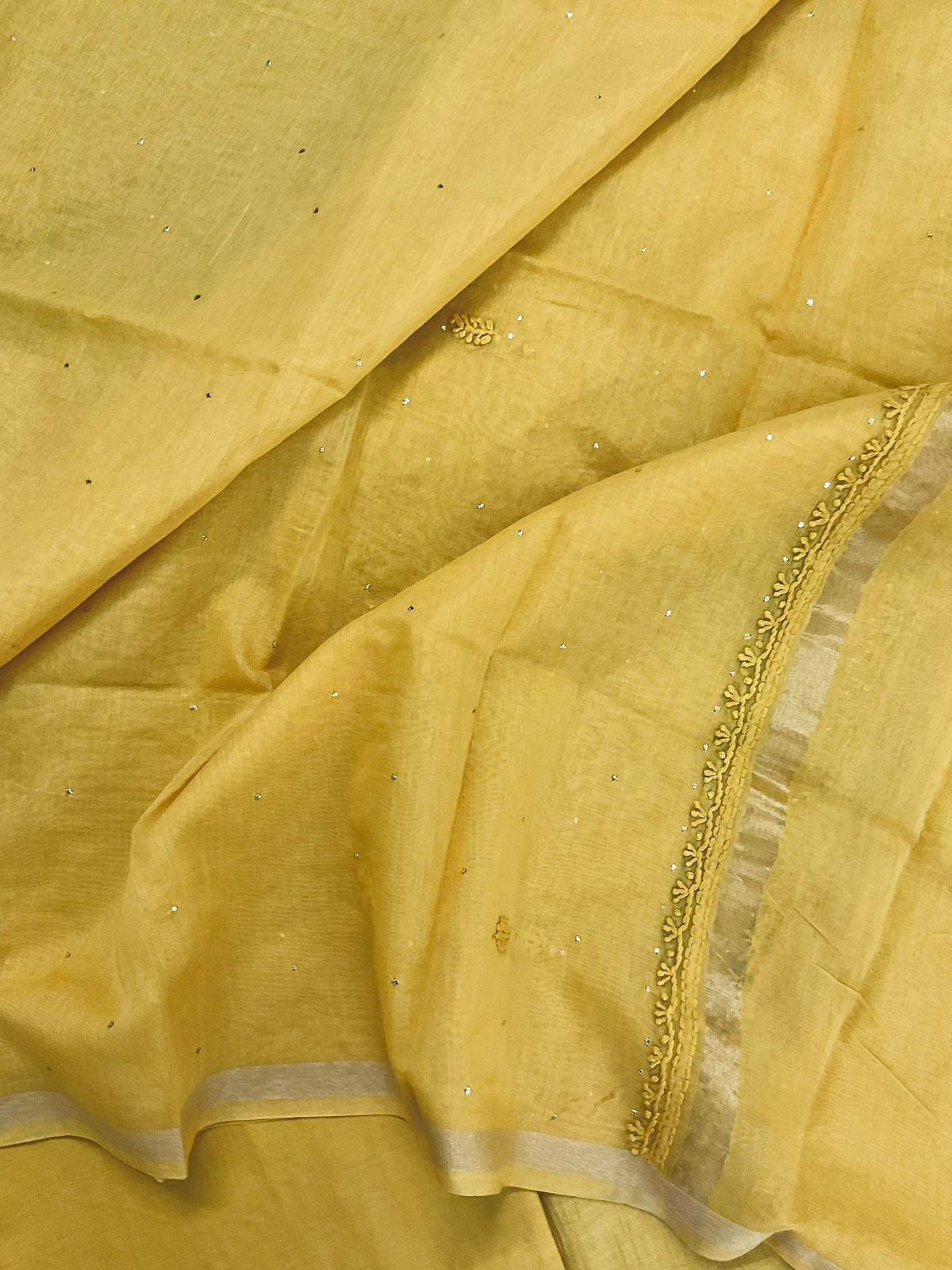 Pure Mul Chanderi Embroidered Suit - Yellow