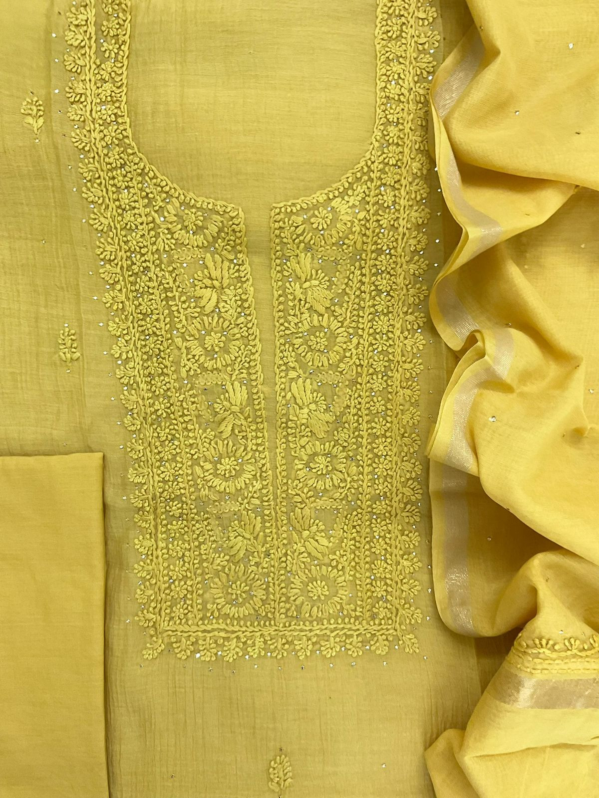 Pure Mul Chanderi Embroidered Suit - Yellow