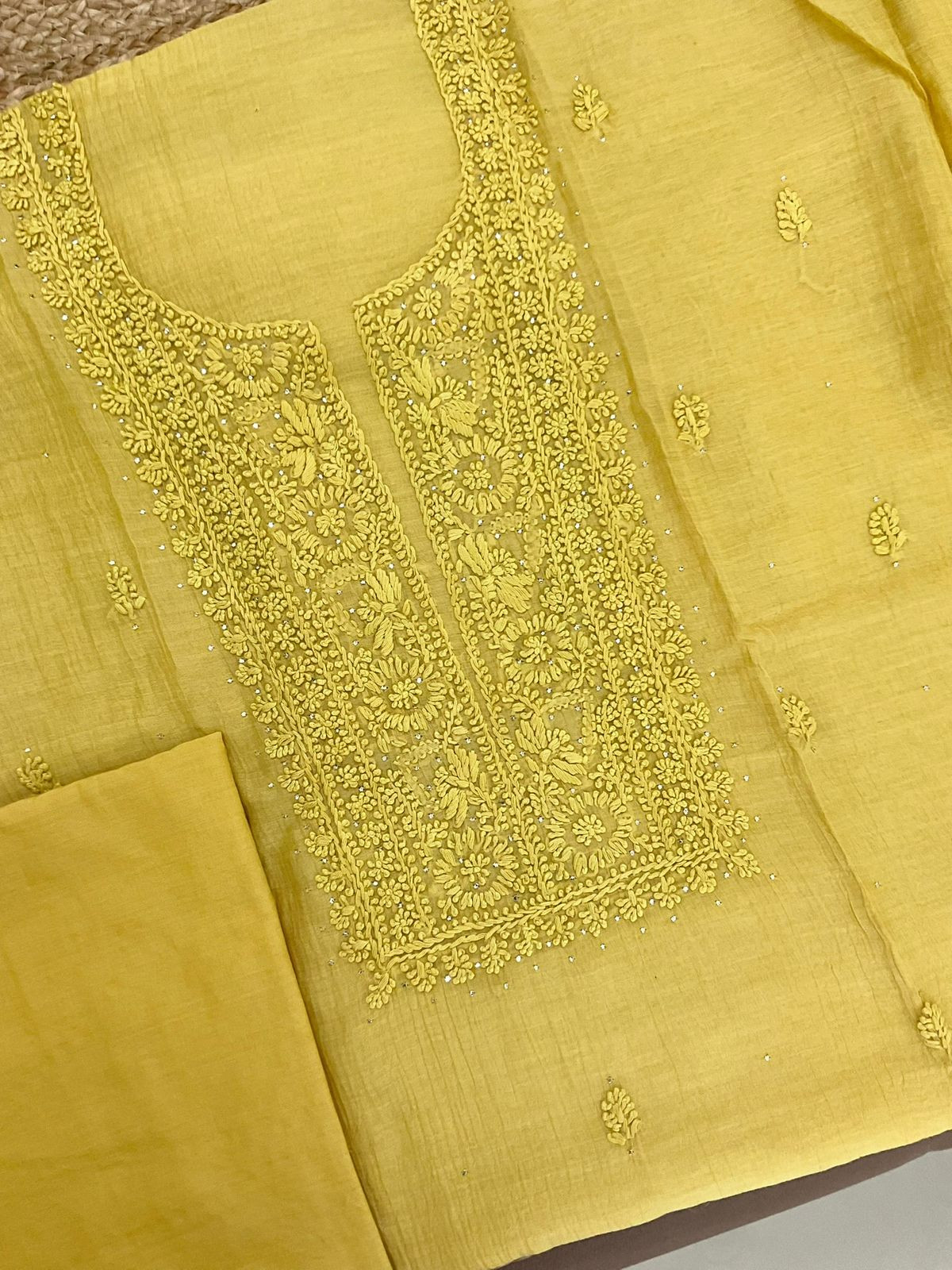 Pure Mul Chanderi Embroidered Suit - Yellow