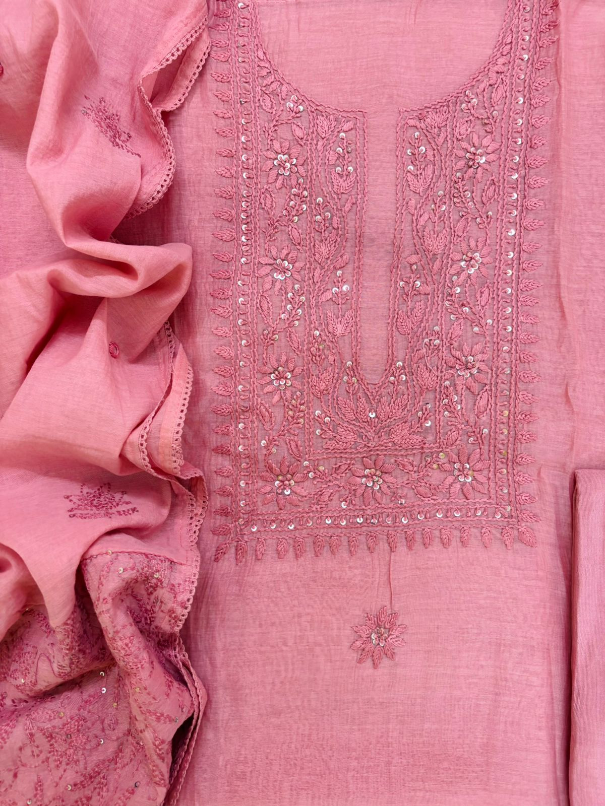 Pure Mul Chanderi Embroidered Suit - Pink