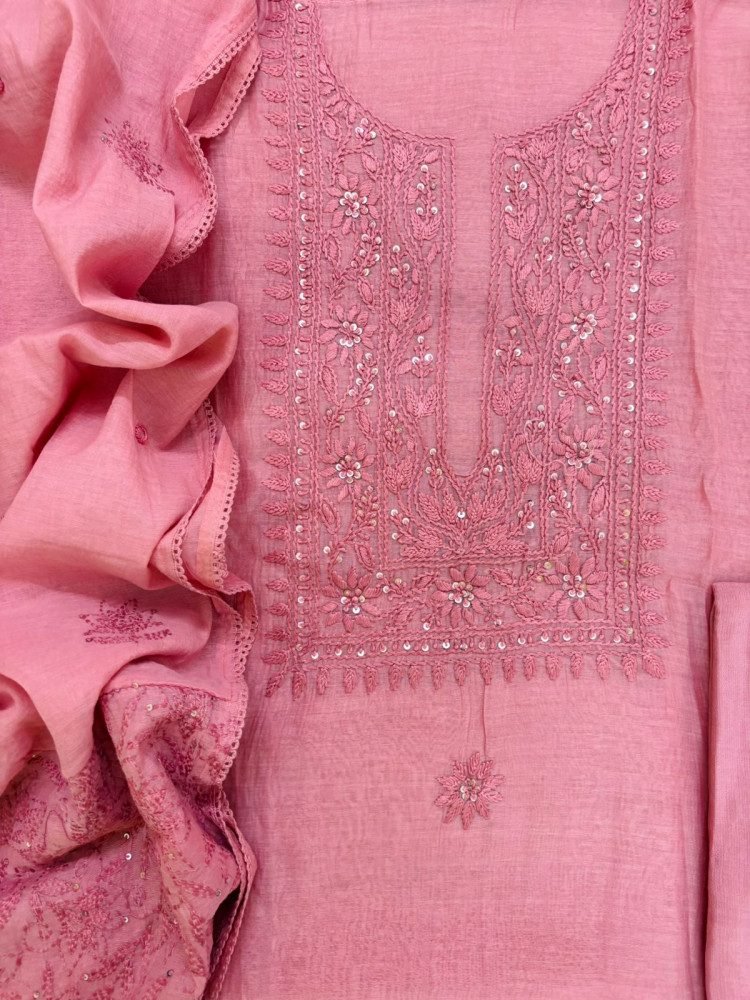 Image of Pure Mul Chanderi Embroidered Suit - Pink