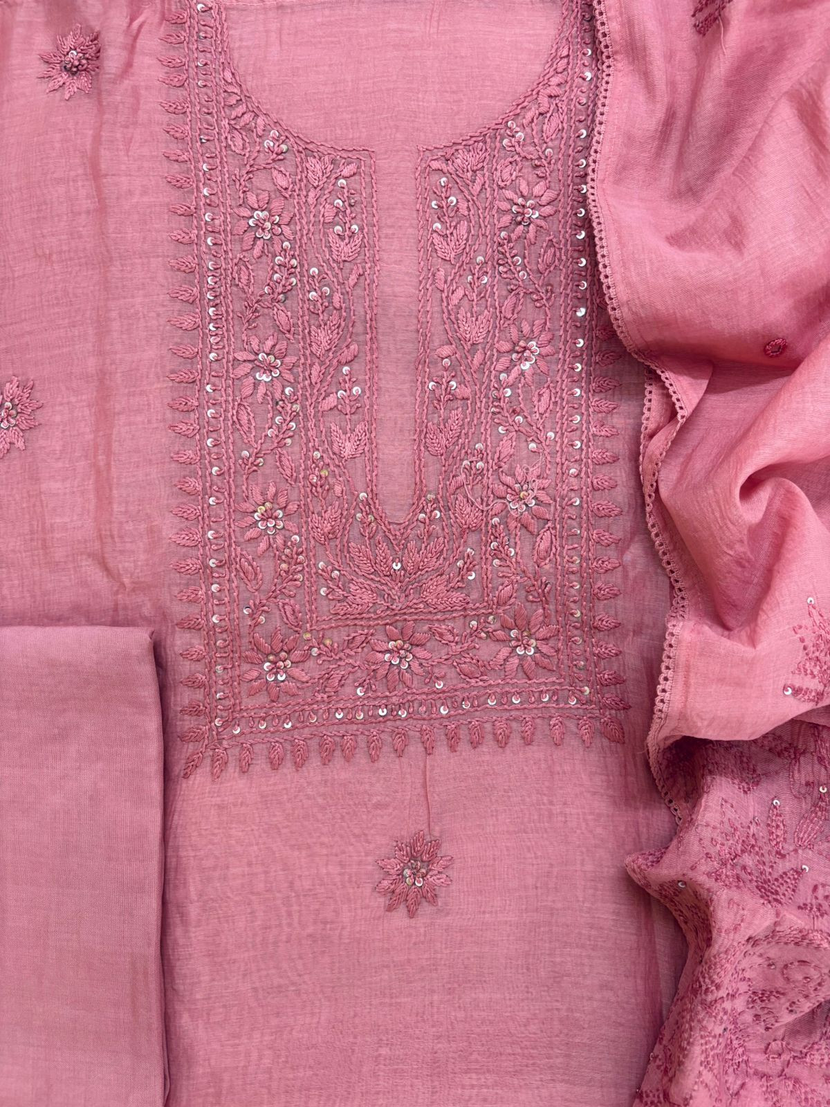 Pure Mul Chanderi Embroidered Suit - Pink