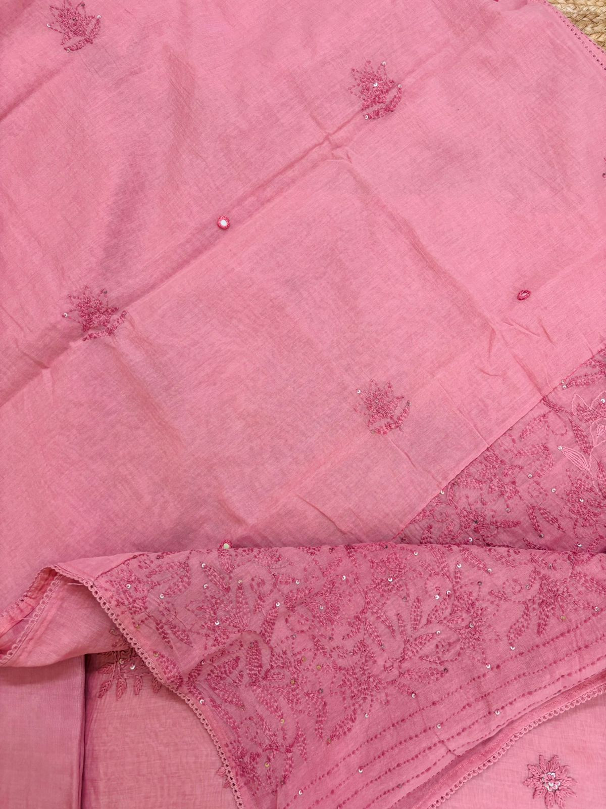 Pure Mul Chanderi Embroidered Suit - Pink